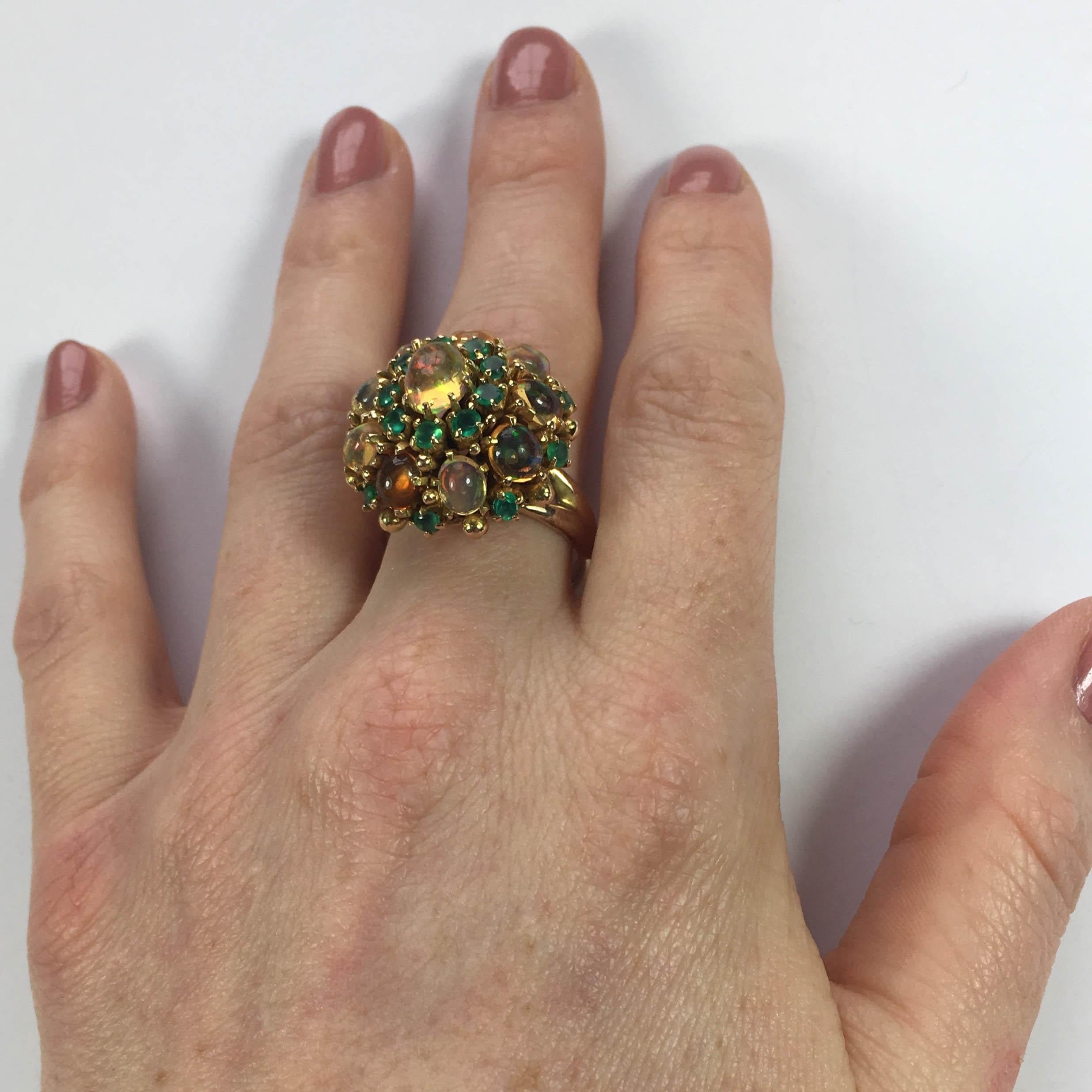 circa 1960 Fire Opal Agate Gold Bombe Cluster Cocktail Ring 6
