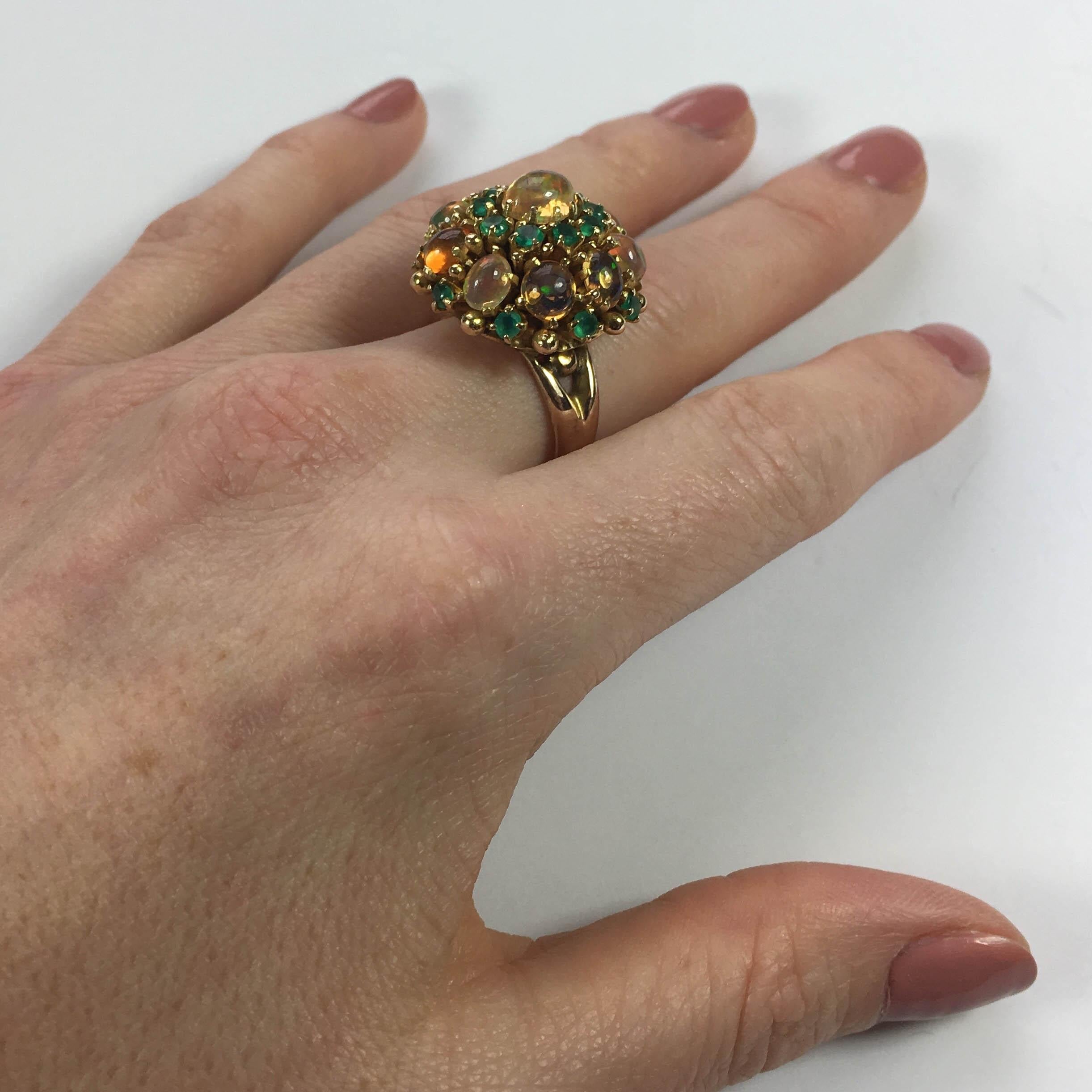 circa 1960 Fire Opal Agate Gold Bombe Cluster Cocktail Ring 7