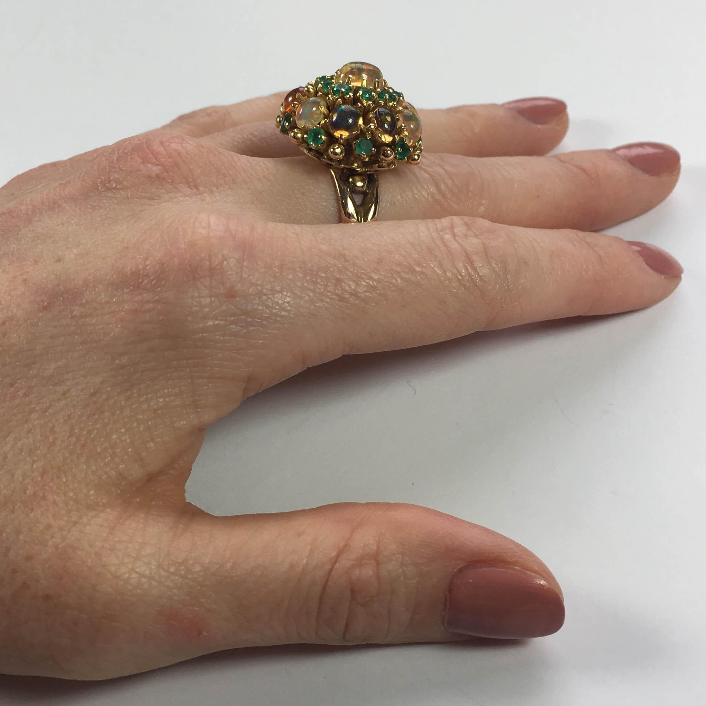 circa 1960 Fire Opal Agate Gold Bombe Cluster Cocktail Ring 8