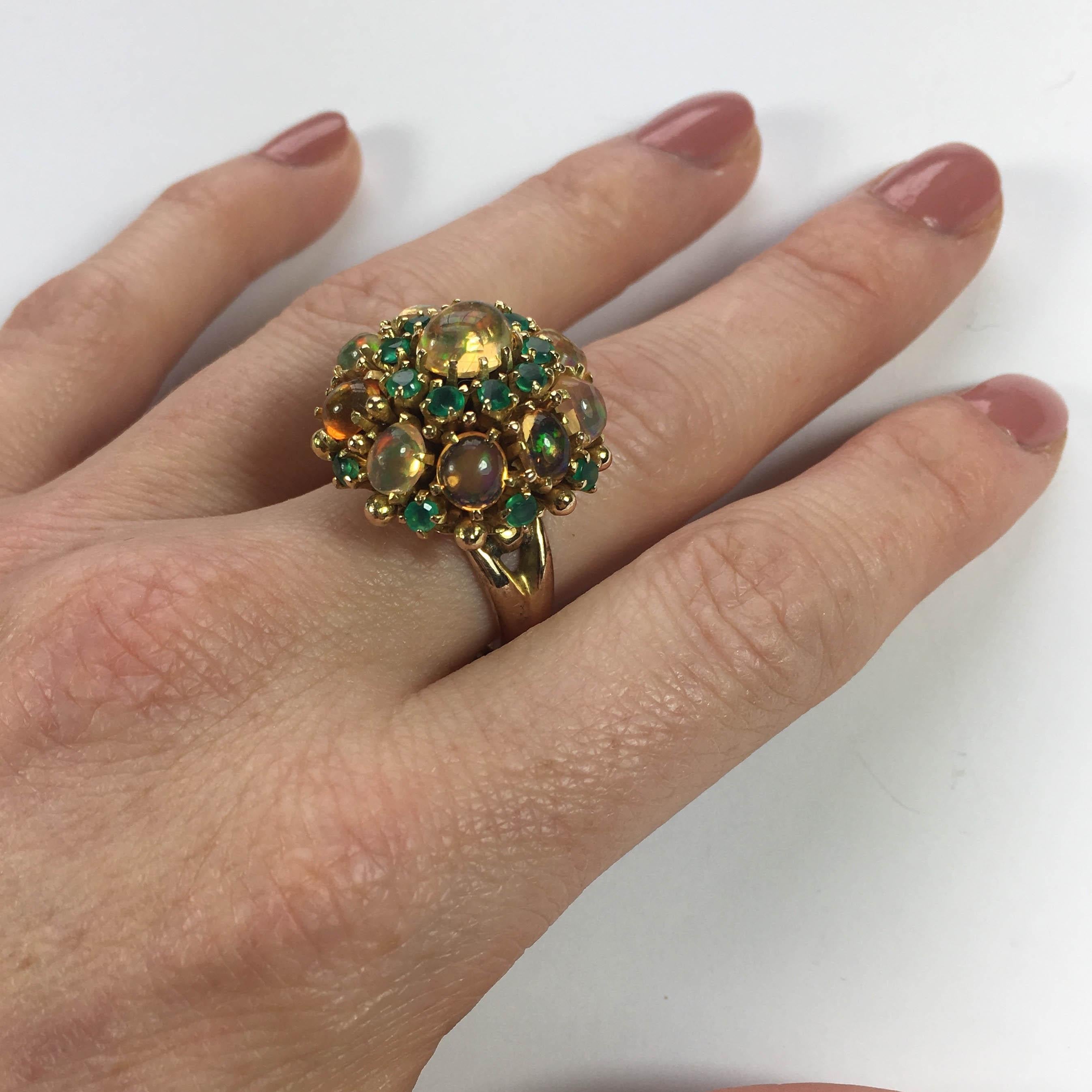 circa 1960 Fire Opal Agate Gold Bombe Cluster Cocktail Ring 9