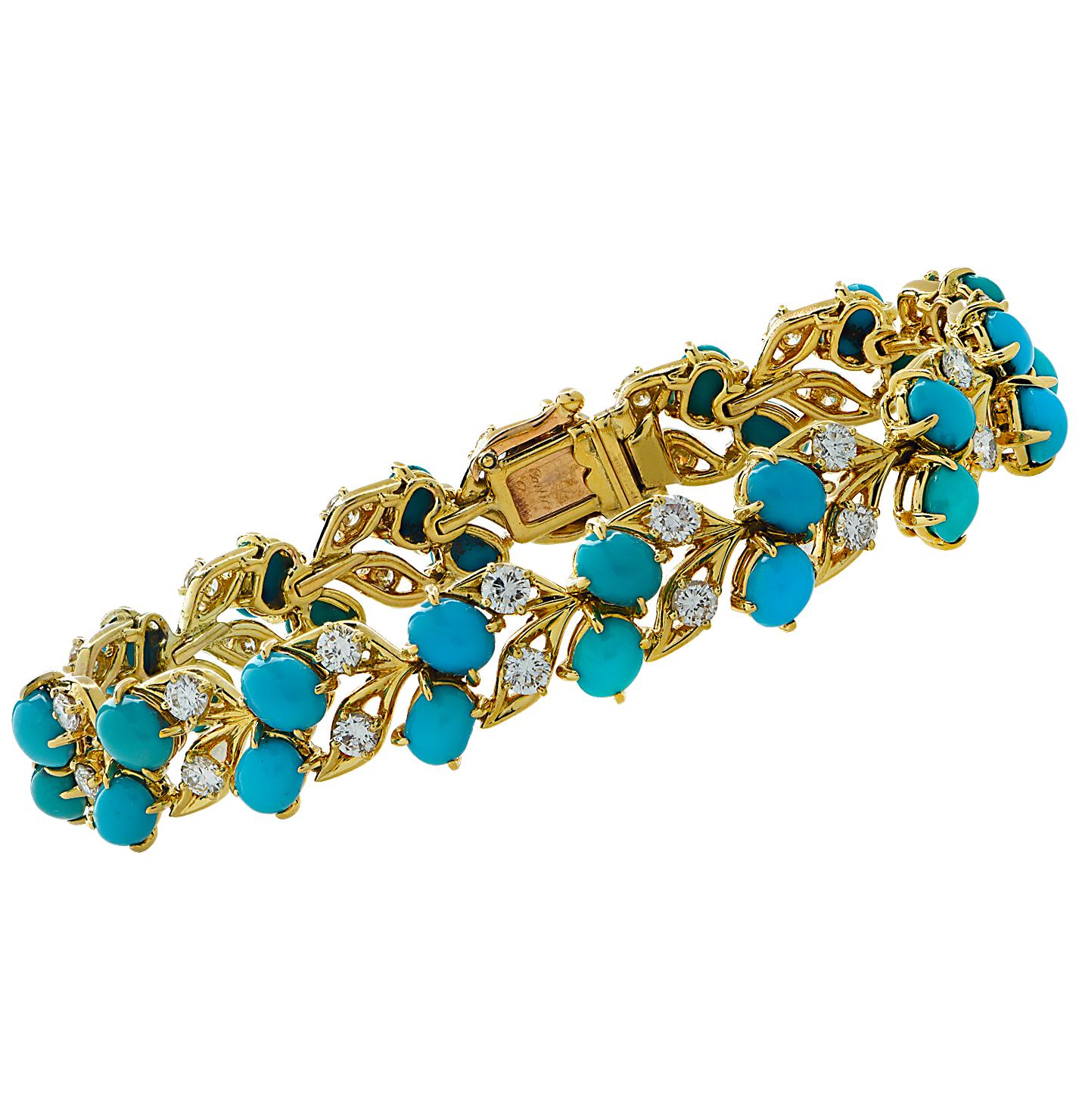 Cabochon French Cartier Turquoise and Diamond Bracelet, circa 1960