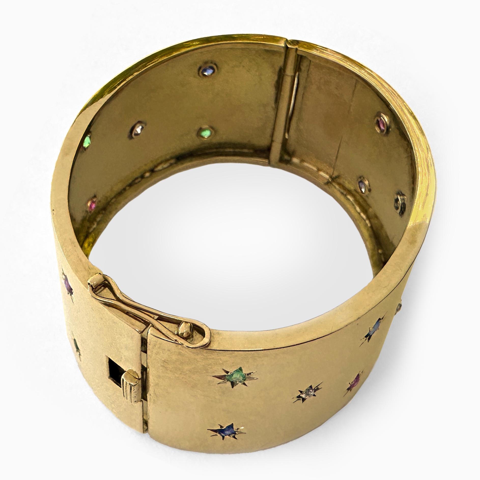 Circa 1960 Hinged Bangle or Cuff Bracelet in 18K Gold Set with 