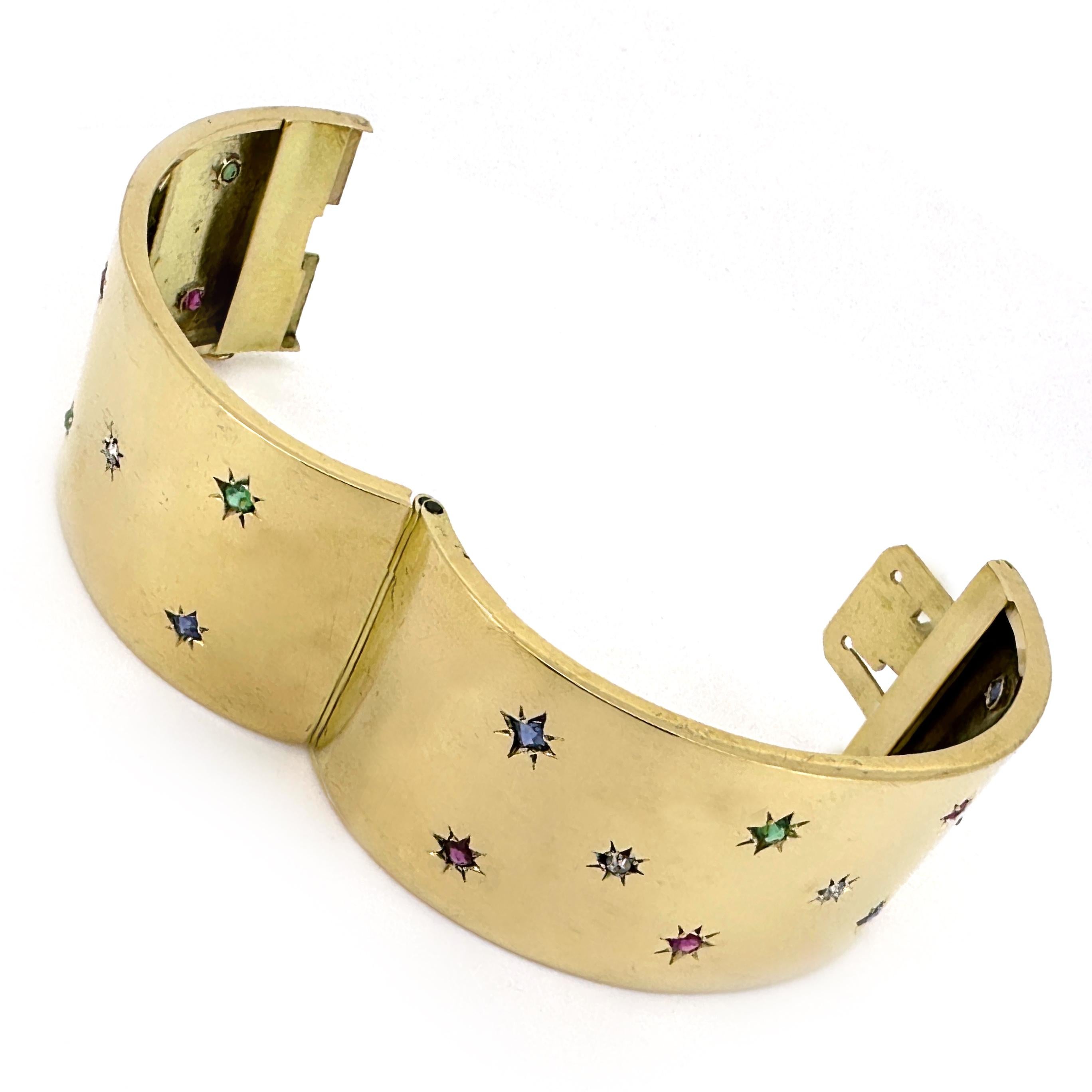 Circa 1960 Hinged Bangle or Cuff Bracelet in 18K Gold Set with 