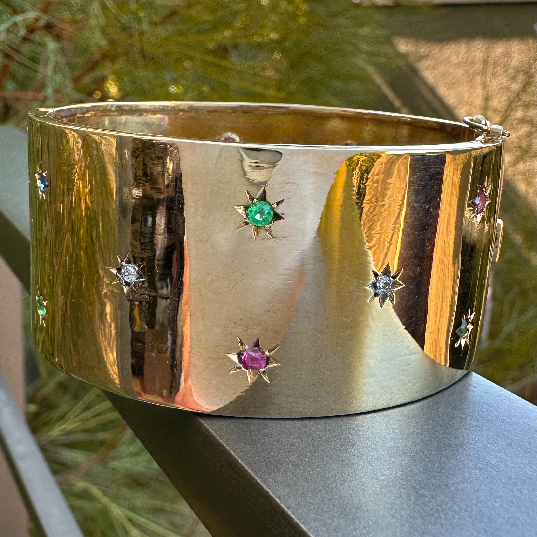 Circa 1960 Hinged Bangle or Cuff Bracelet in 18K Gold Set with 