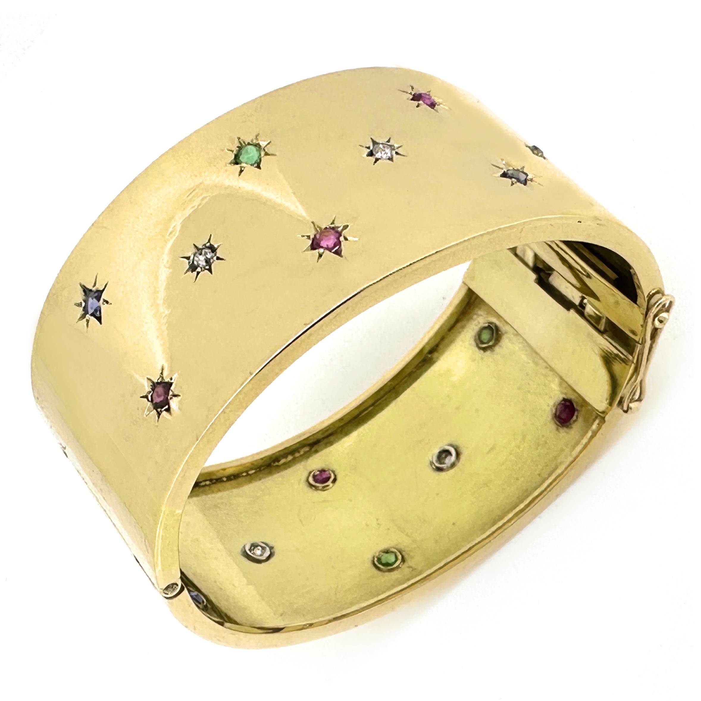 Circa 1960 Hinged Bangle or Cuff Bracelet in 18K Gold Set with 