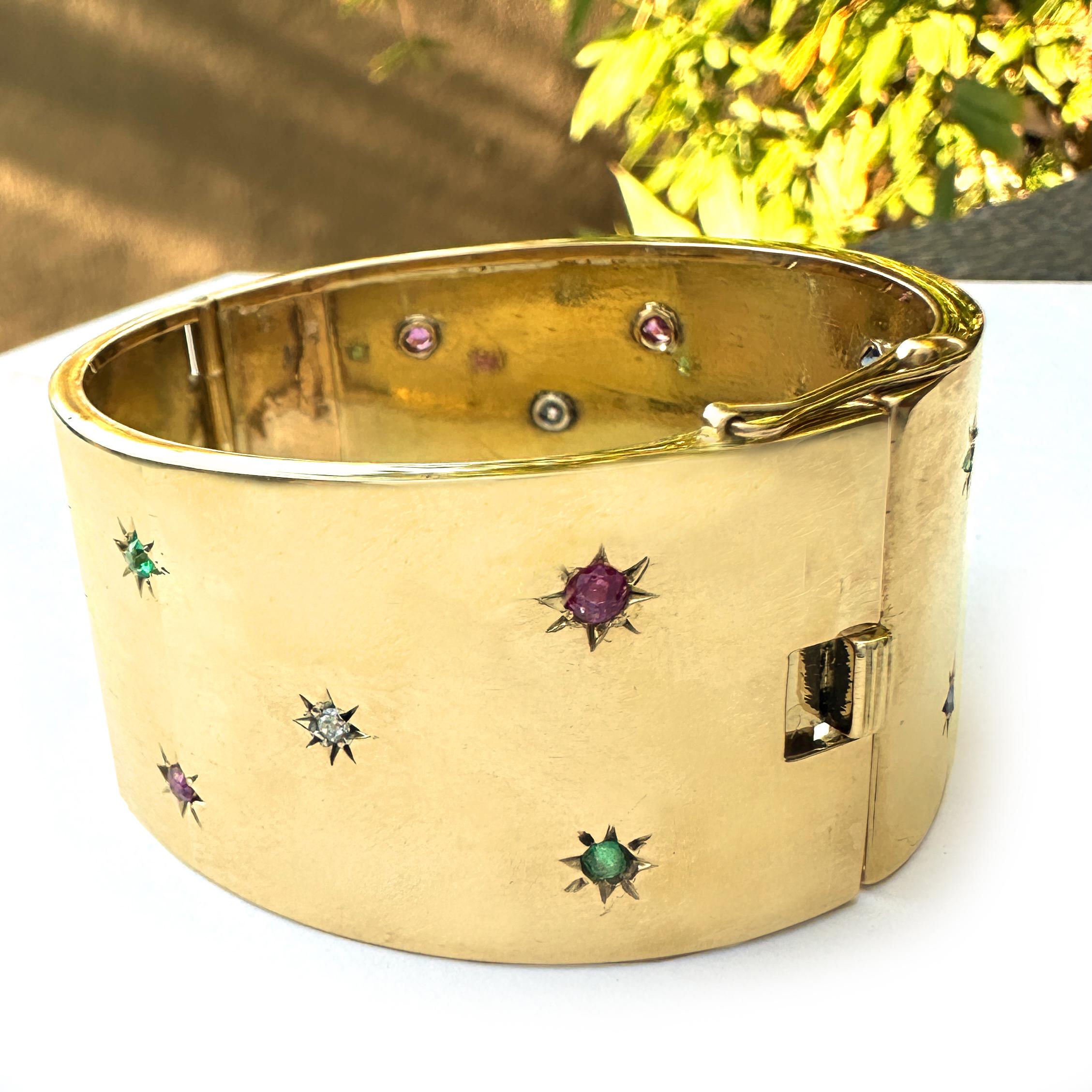 Circa 1960 Hinged Bangle or Cuff Bracelet in 18K Gold Set with 