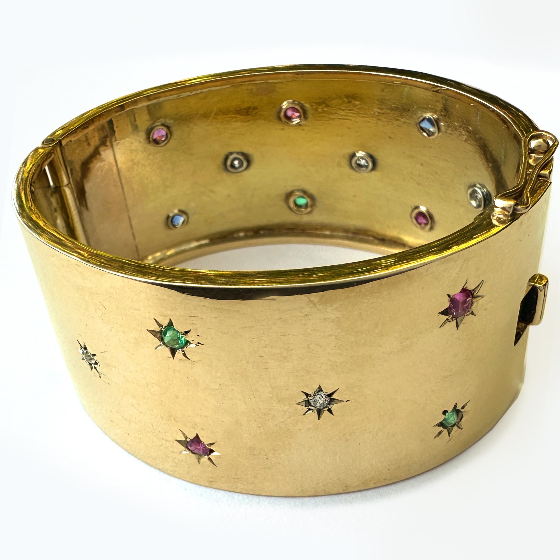 Circa 1960 Hinged Bangle or Cuff Bracelet in 18K Gold Set with 