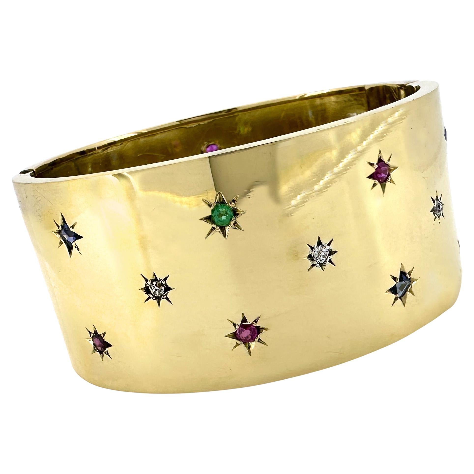 Circa 1960 Hinged Bangle or Cuff Bracelet in 18K Gold Set with "Big Four" Gems in vendita