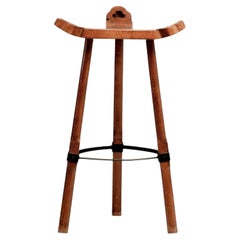 Sculptural Honey Wood Bar Stool, Spanish Brutalist, France, 1960s