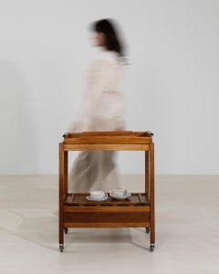 Circa 1960 Mahogany Wood Mid-Century Bar Cart On Casters With Tray