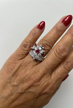 Circa 1960 Platinum Diamond and Ruby Cluster Cocktail Ring