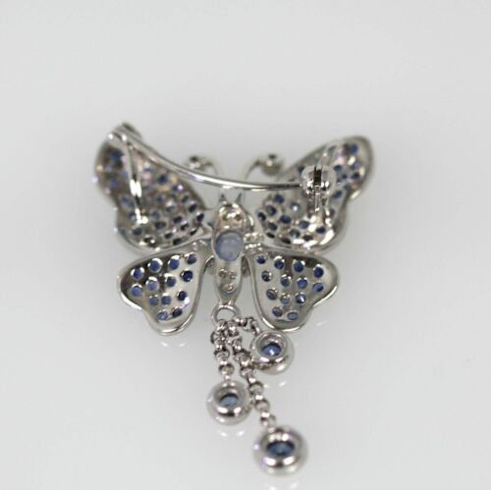 Round Cut Circa 1960 Sapphire 2 Carat Butterfly brooch/pendant 18K White Gold For Sale