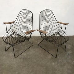Set of Two Rare Black Wire Easy Chairs with Wooden Armrests, circa 1960