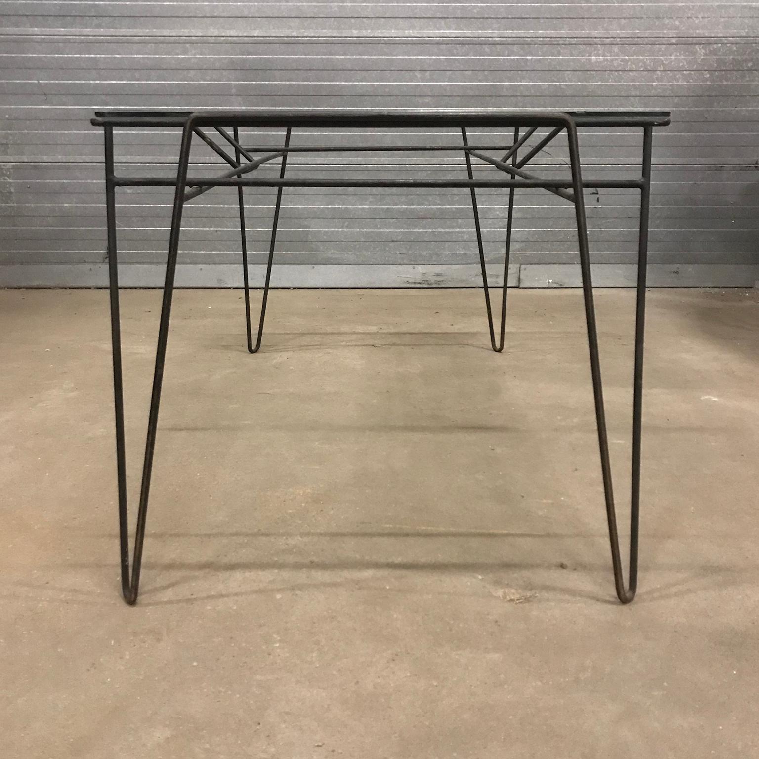 Mid-20th Century Super Elegant Dining Table, Black Metal Hairpin Legs and Glass Top, circa 1960 For Sale