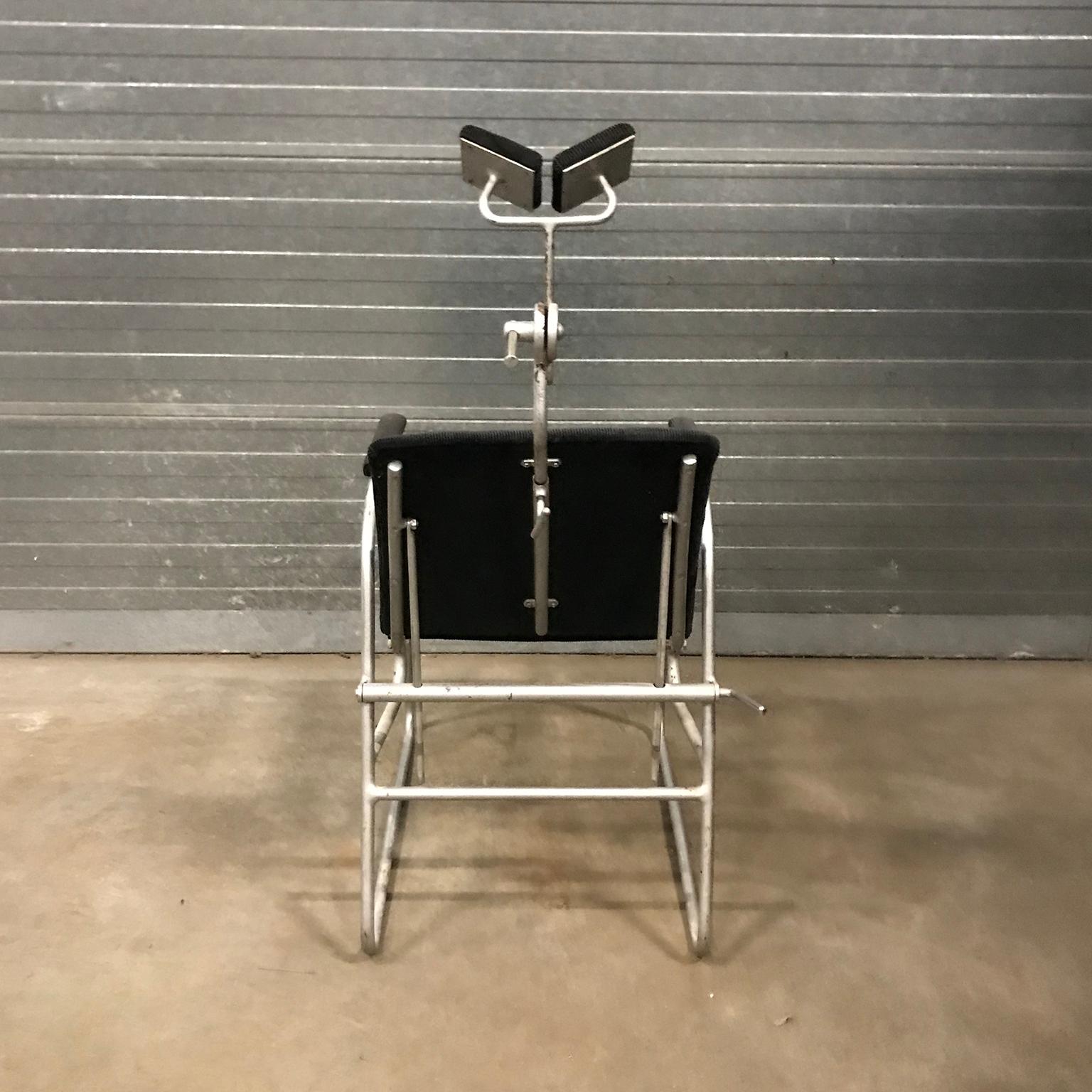 Dutch Unique Barber chair in Black Corduroy, circa 1960 For Sale