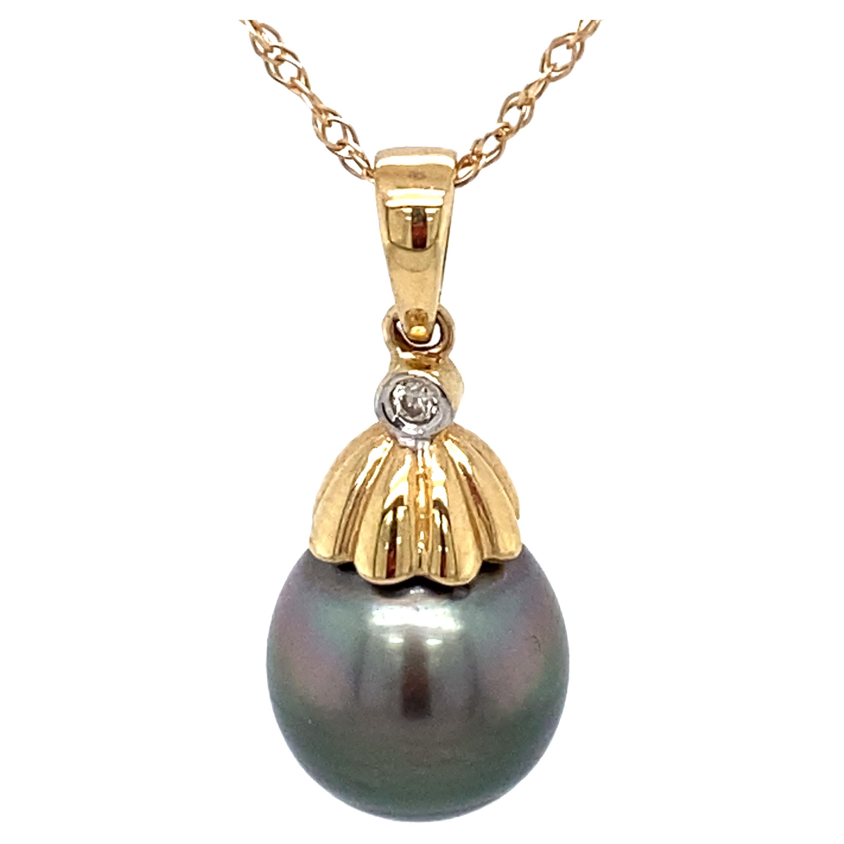 Circa 1960s Tahitian Pearl and Diamond Pendant in 14K Gold
