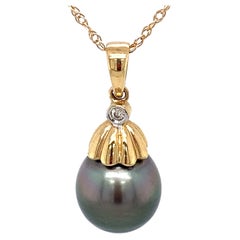 Circa 1960s Tahitian Pearl and Diamond Pendant in 14K Gold