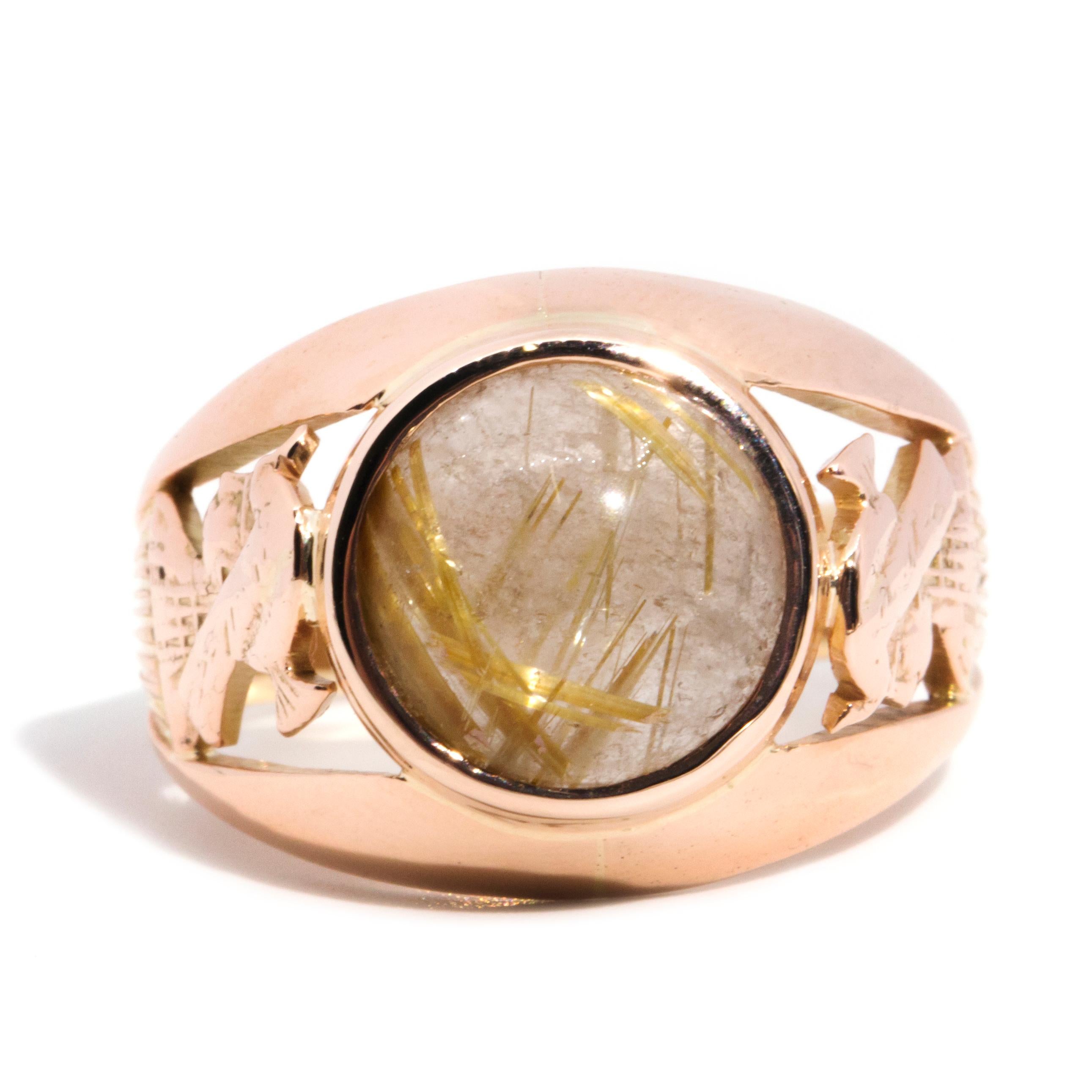 Circa 1960s, 14 Carat Rose Gold Cabochon Cut Rutilated Quartz Mens Ring 3