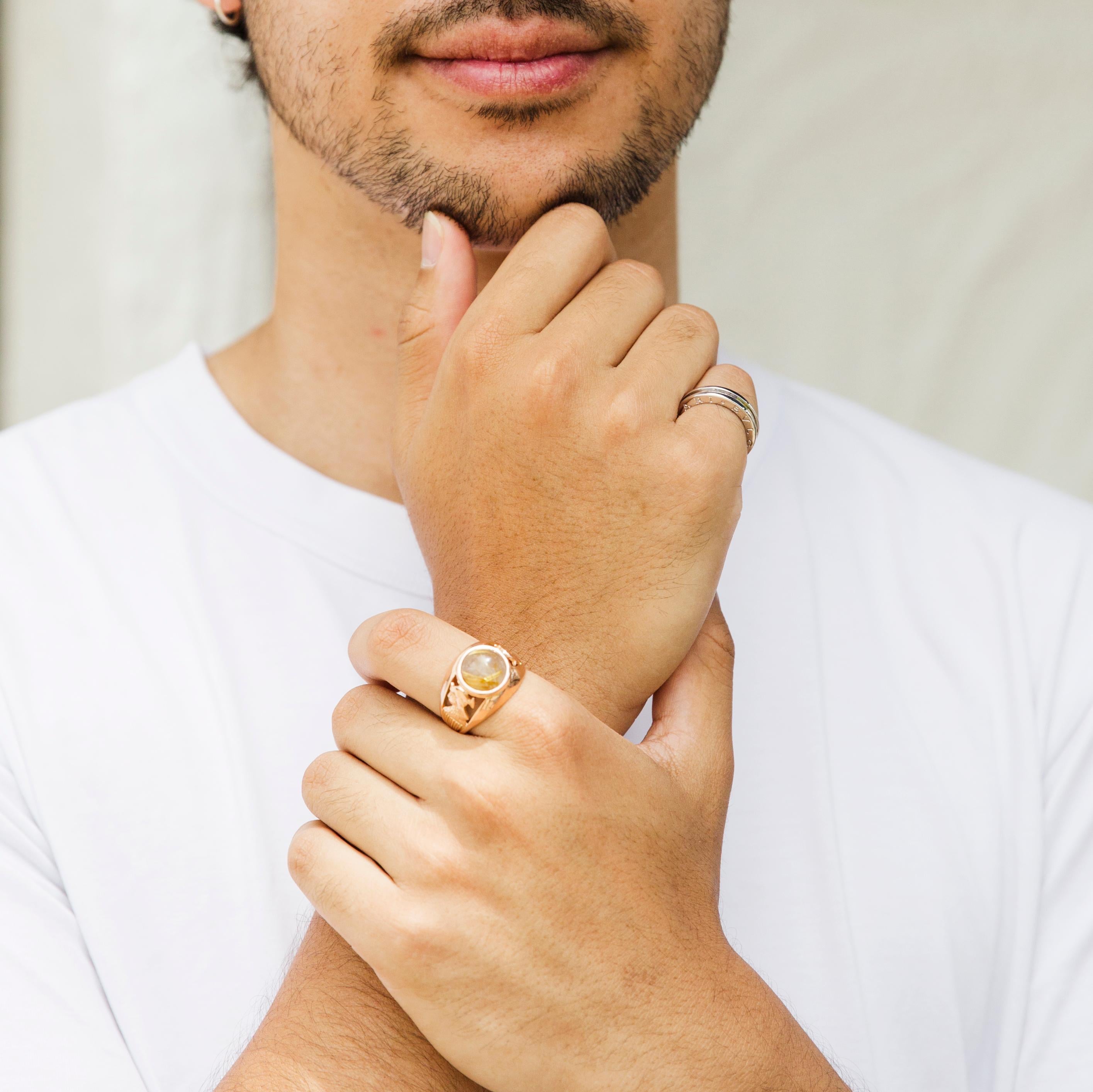 Circa 1960s, 14 Carat Rose Gold Cabochon Cut Rutilated Quartz Mens Ring 4