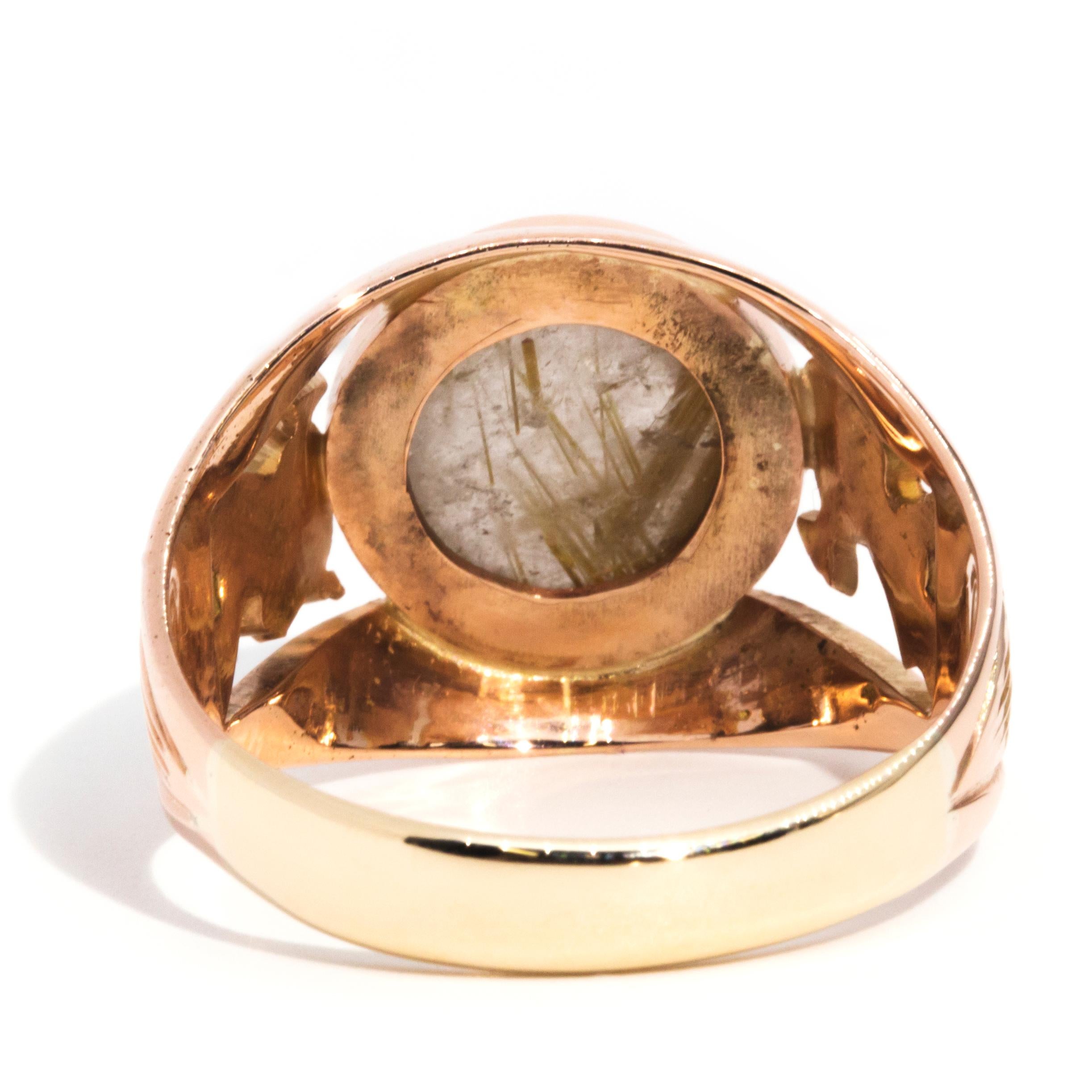 Circa 1960s, 14 Carat Rose Gold Cabochon Cut Rutilated Quartz Mens Ring In Good Condition In Hamilton, AU