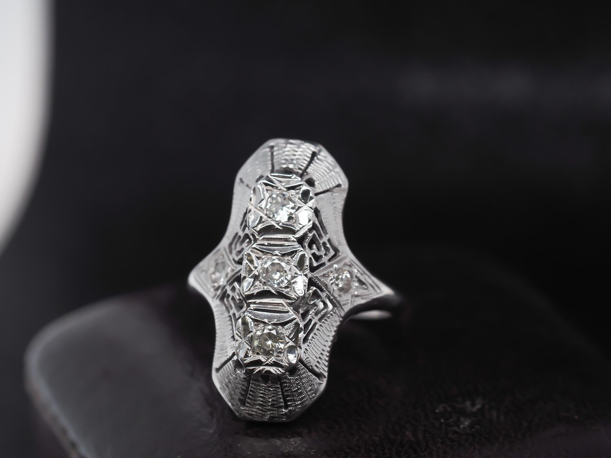 Brilliant Cut Circa 1960s 14K White Gold Diamond Shield Ring For Sale