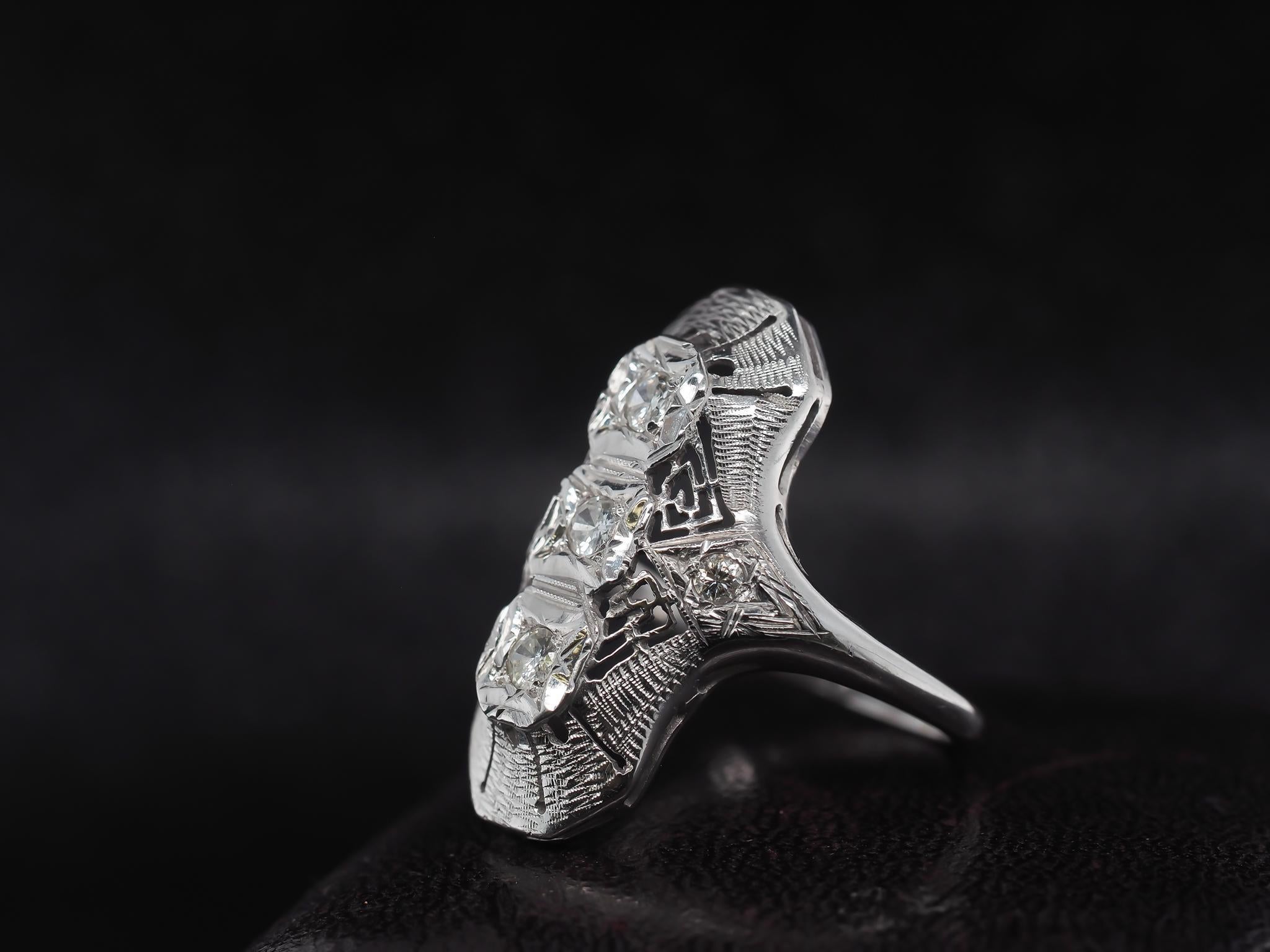 Circa 1960s 14K White Gold Diamond Shield Ring In Good Condition For Sale In Hicksville, NY