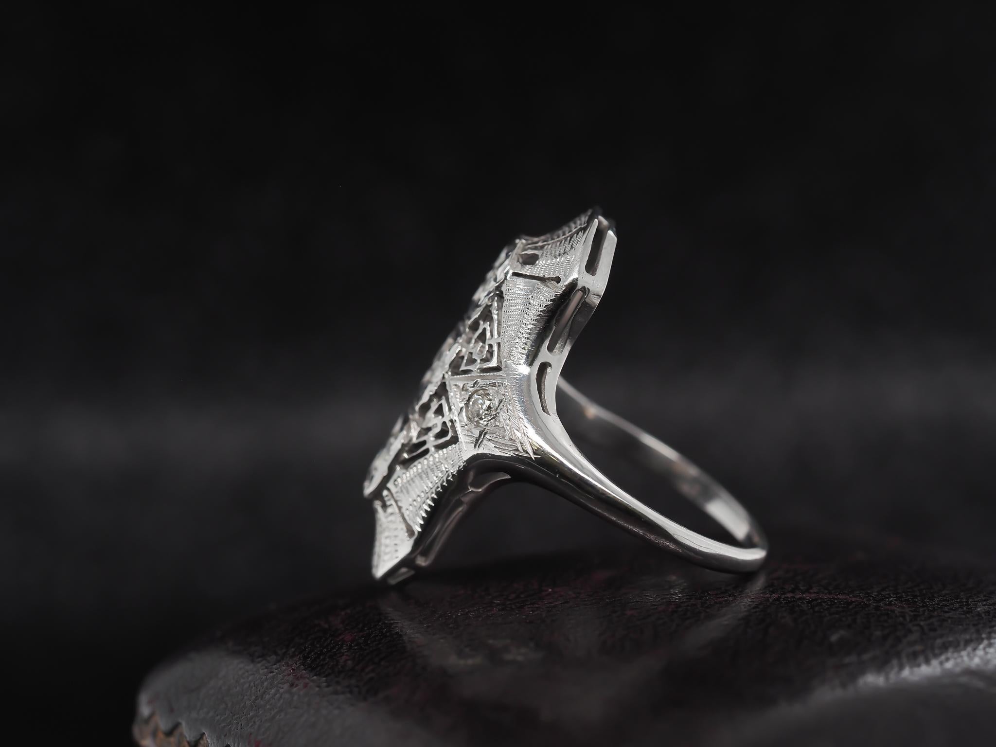 Women's Circa 1960s 14K White Gold Diamond Shield Ring For Sale