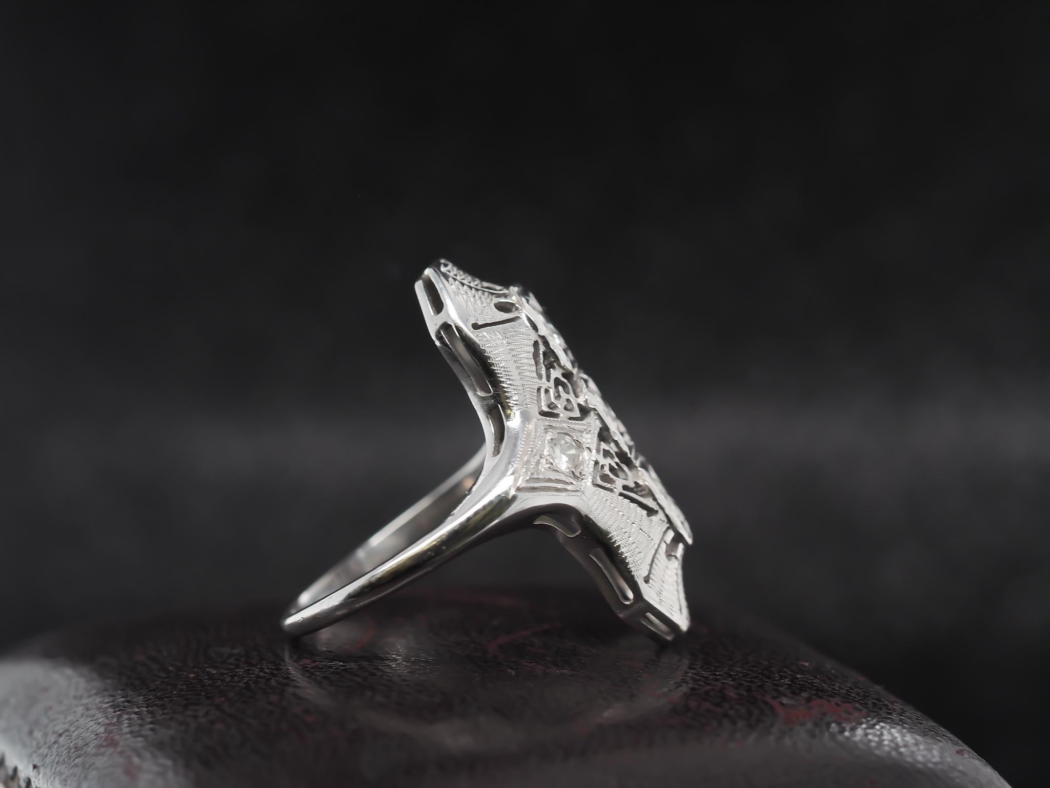 Circa 1960s 14K White Gold Diamond Shield Ring For Sale 2