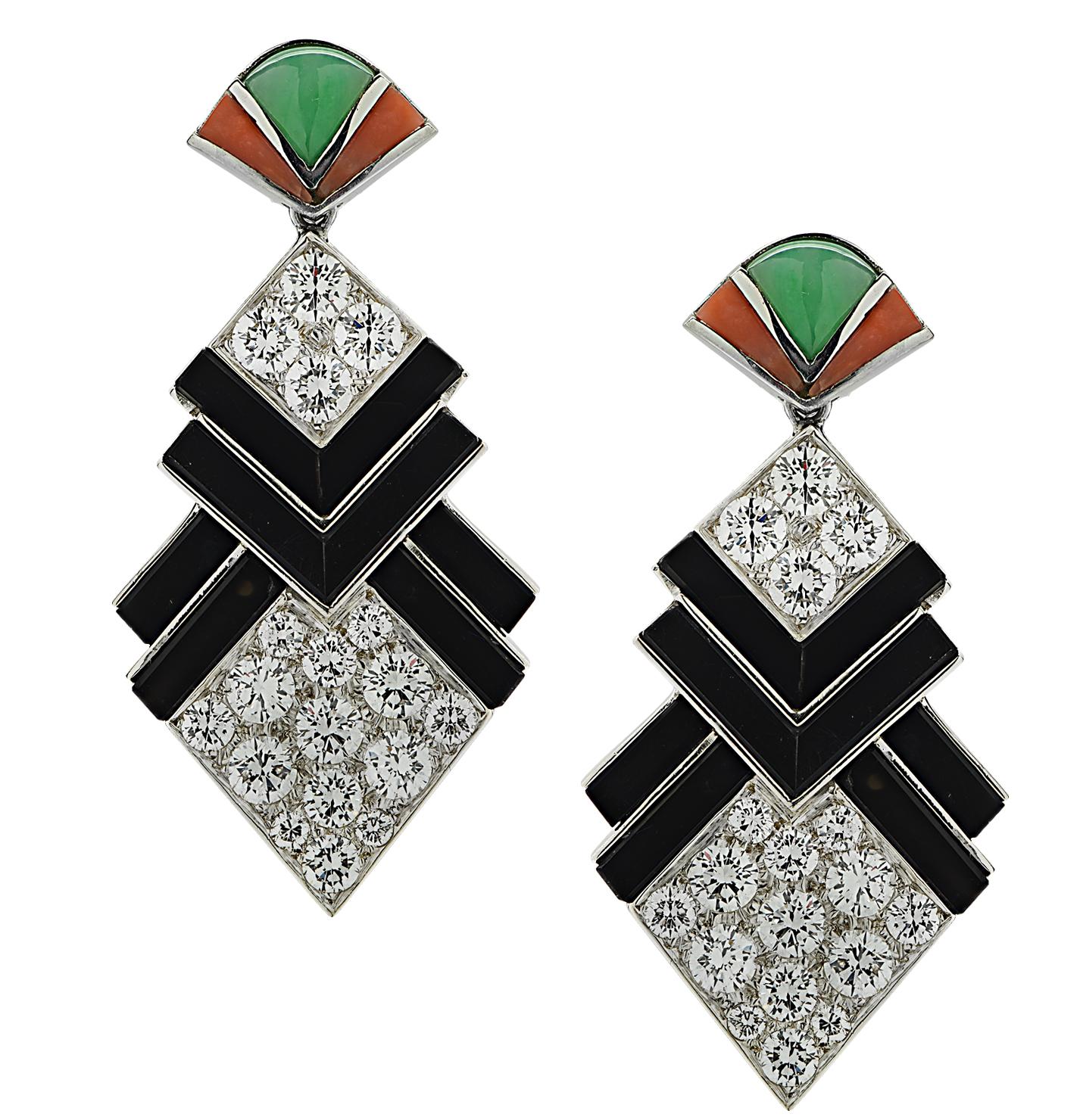 Modern Circa 1960s 6.50 Carat Diamond, Onyx Coral and Jade Earrings