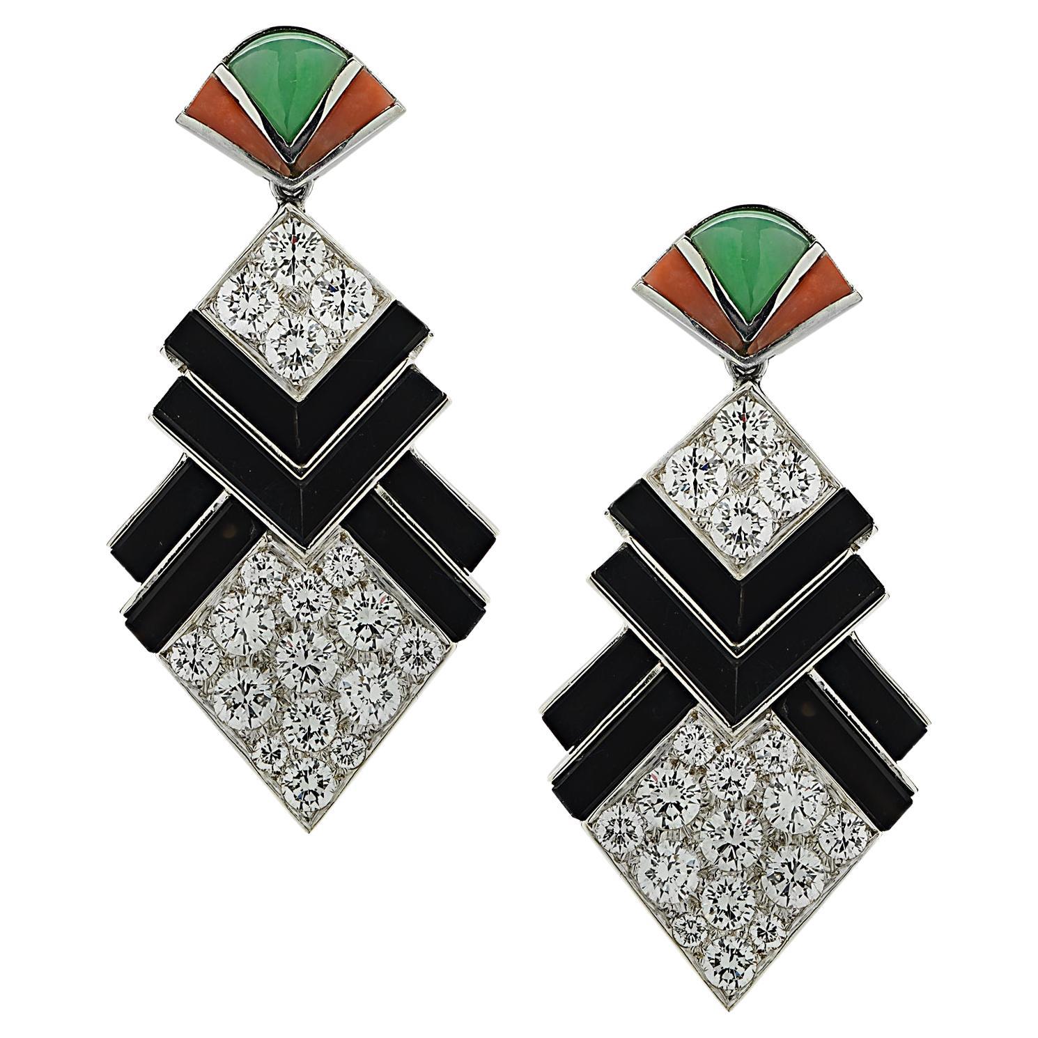 Circa 1960s 6.50 Carat Diamond, Onyx Coral and Jade Earrings