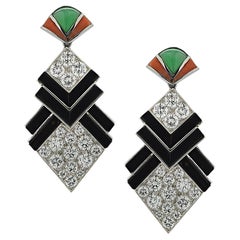Circa 1960s 6.50 Carat Diamond, Onyx Coral and Jade Earrings