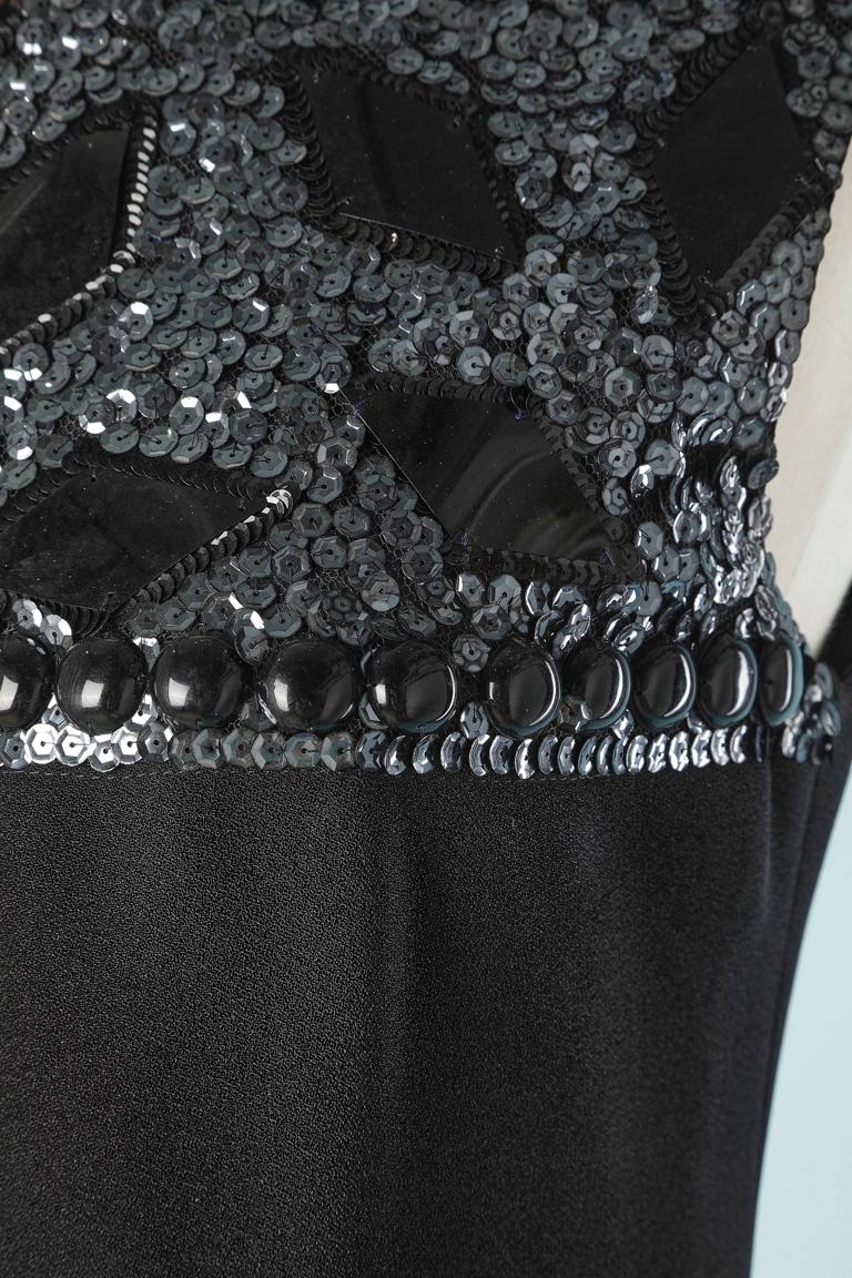 Black Circa 1960's black crêpe evening dress with embroidered bust HEKO For Sale