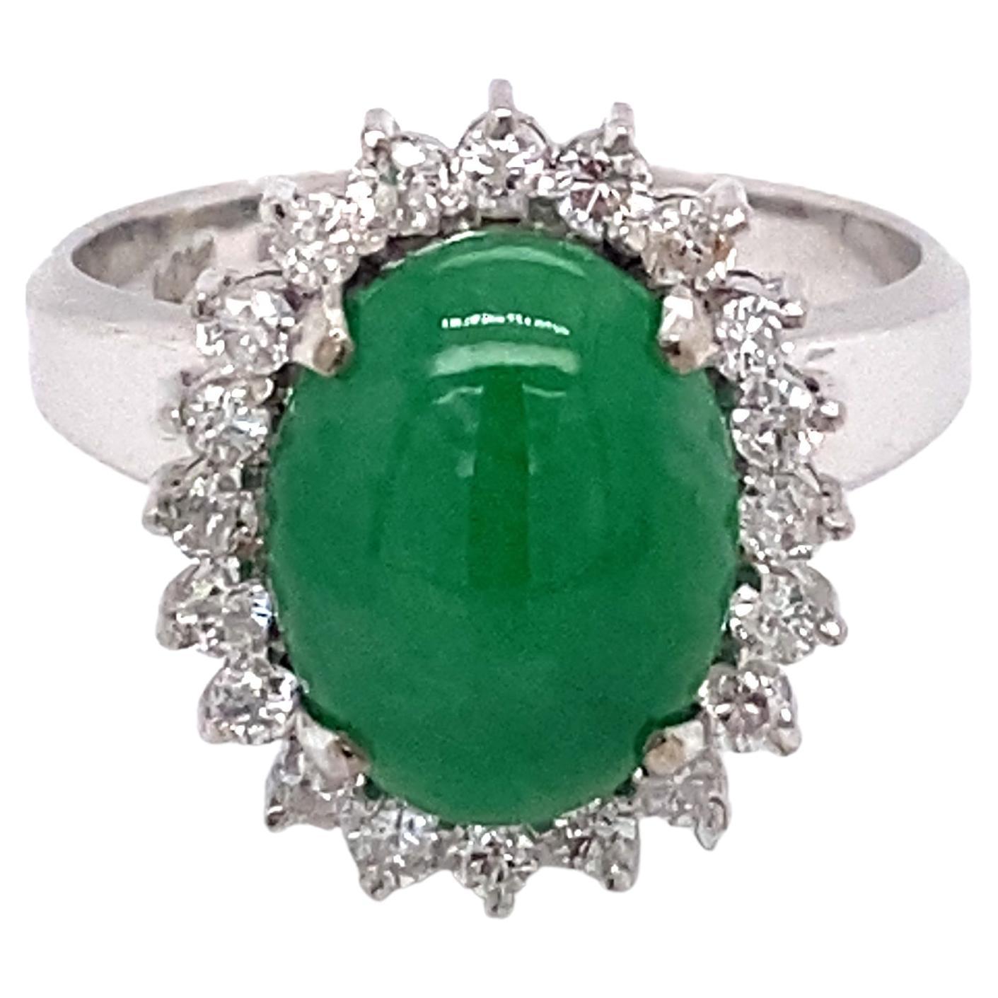Circa 1960s Candy Apple Green Jade and Diamond Ring in 14K White Gold For Sale