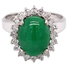 Retro Circa 1960s Candy Apple Green Jade and Diamond Ring in 14K White Gold