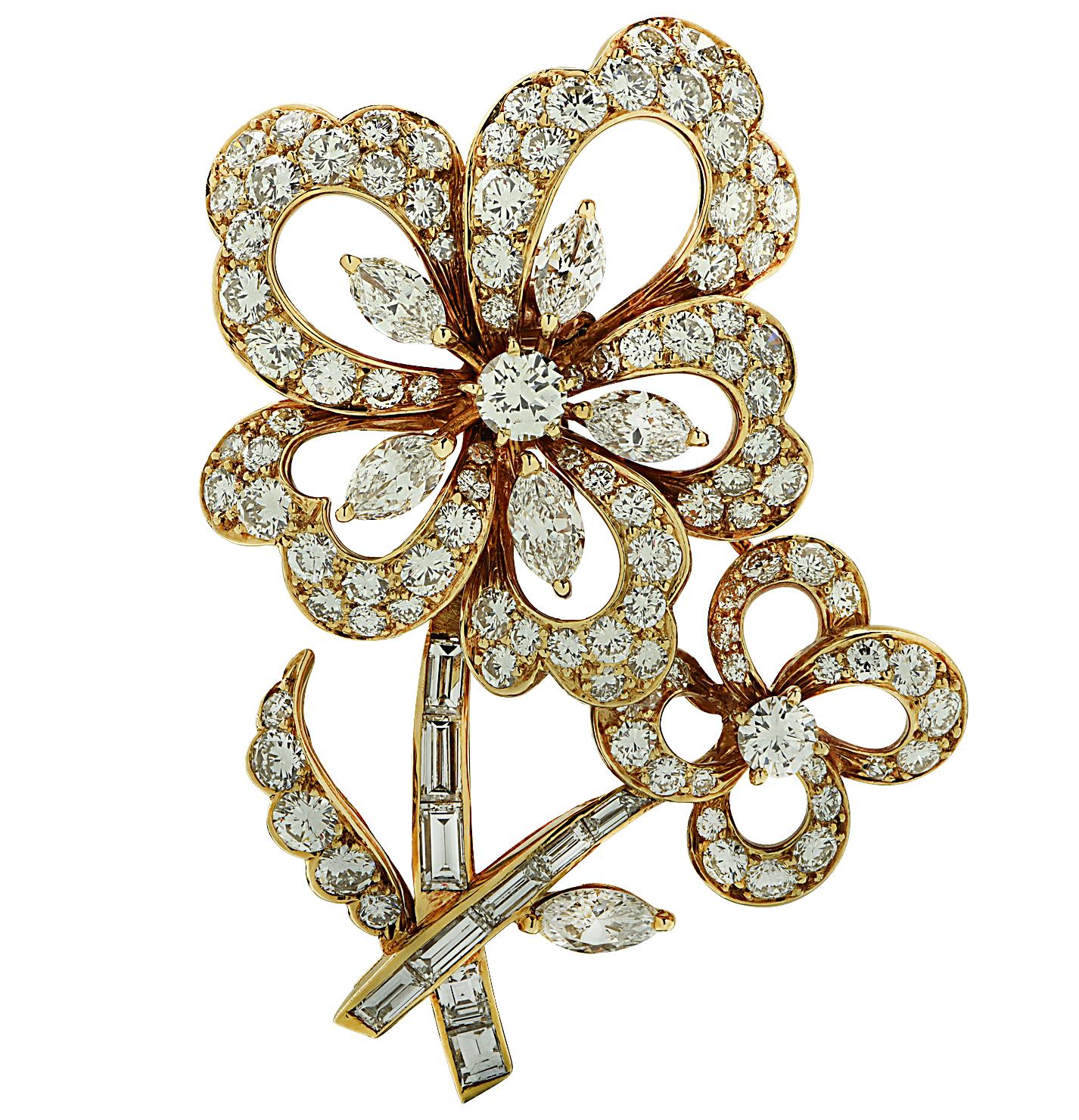 Round Cut Circa 1960s Cartier 7.68 Carat Diamond Flower Brooch Pin