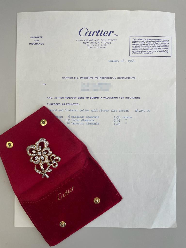 Women's or Men's Circa 1960s Cartier 7.68 Carat Diamond Flower Brooch Pin