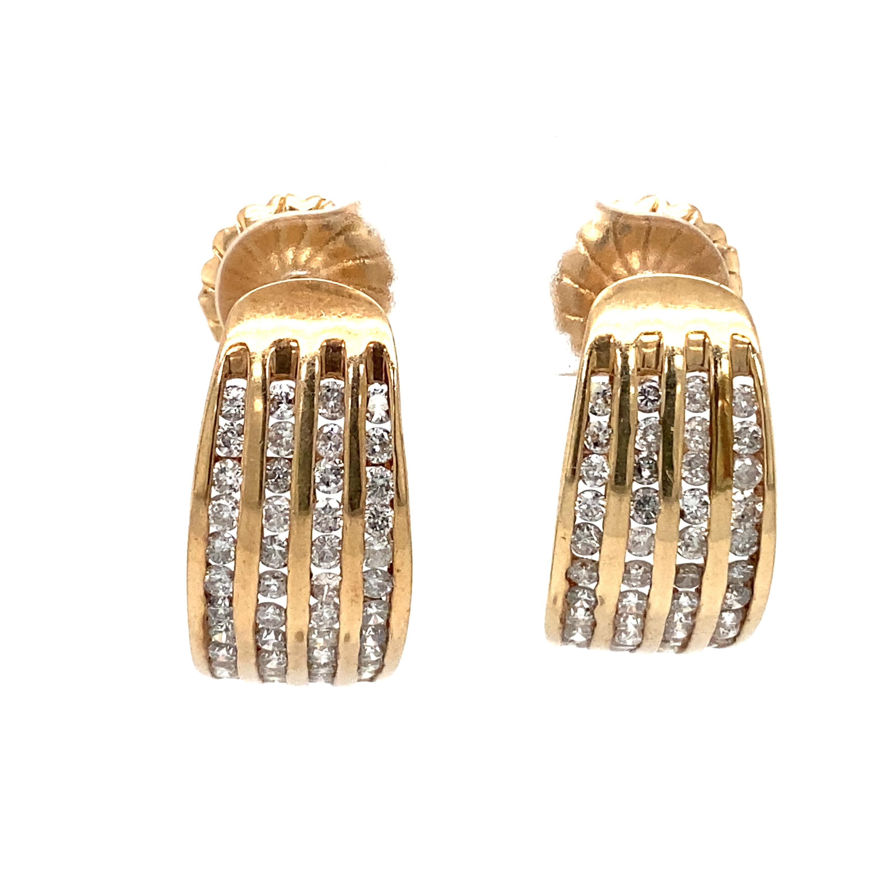Retro 1960s Curved Four Row Channel Set Diamond Earrings in 10 Karat Gold For Sale