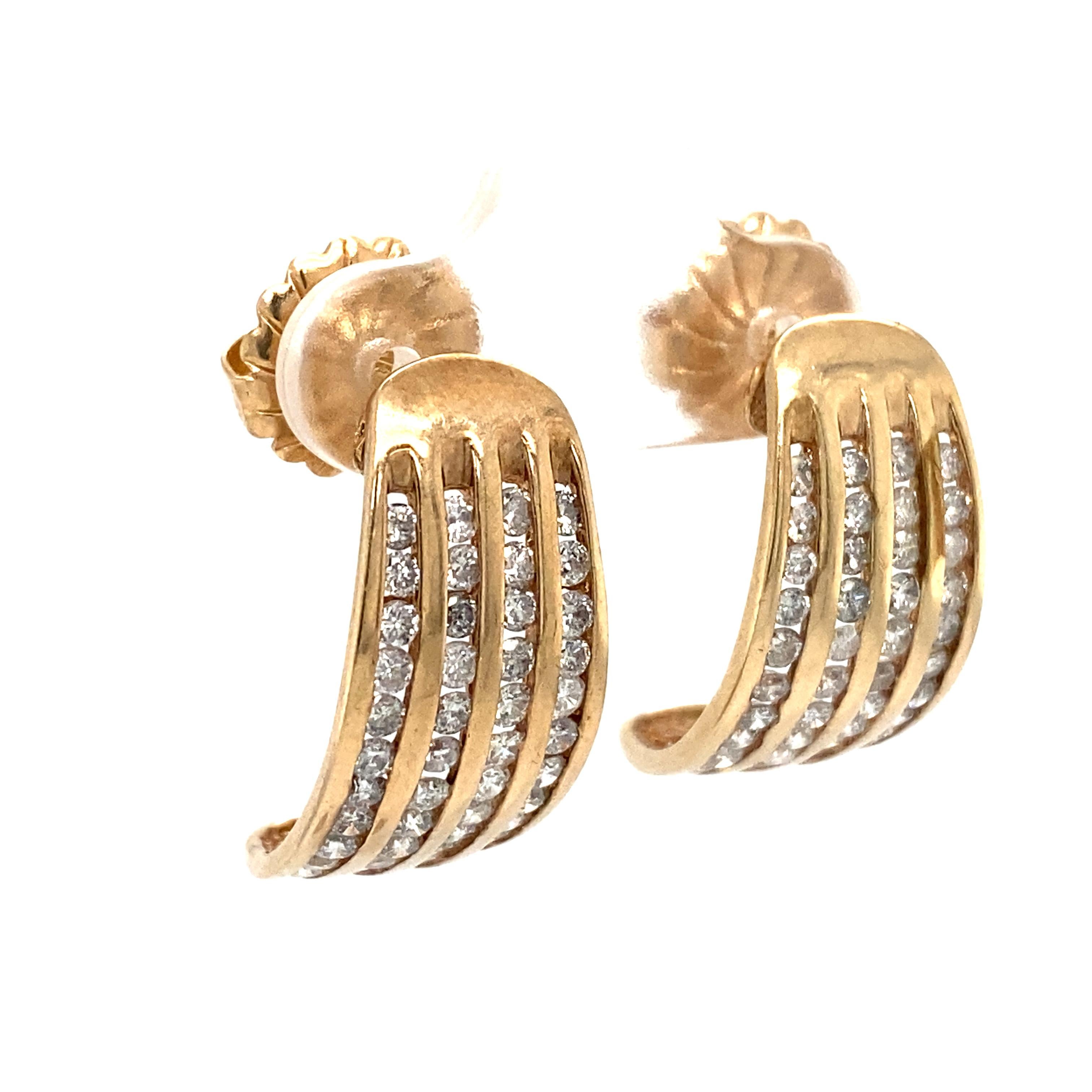 Round Cut 1960s Curved Four Row Channel Set Diamond Earrings in 10 Karat Gold For Sale