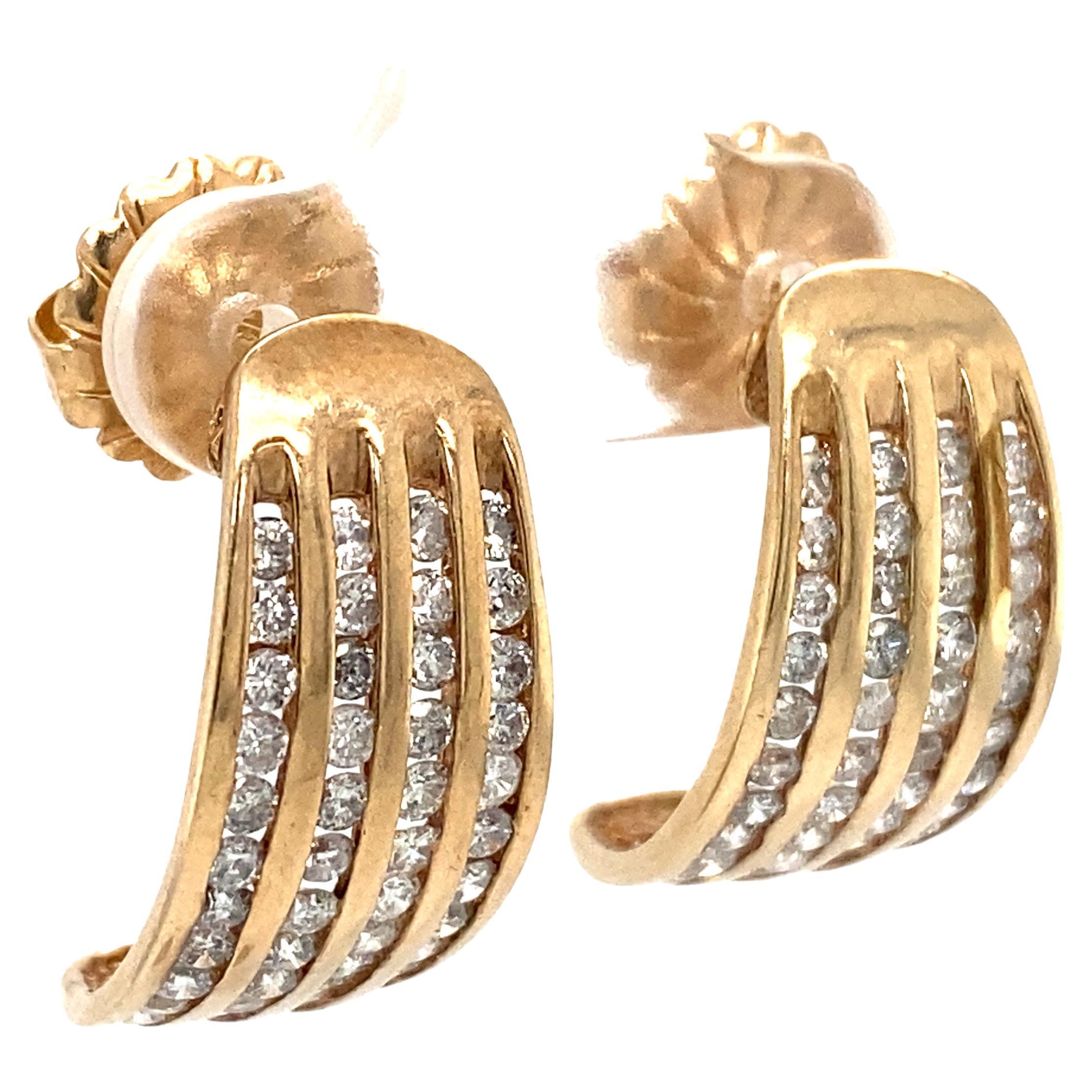 1960s Curved Four Row Channel Set Diamond Earrings in 10 Karat Gold For Sale