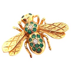 Circa 1960s Emerald and Diamond Insect Pin in 14 Karat Yellow Gold