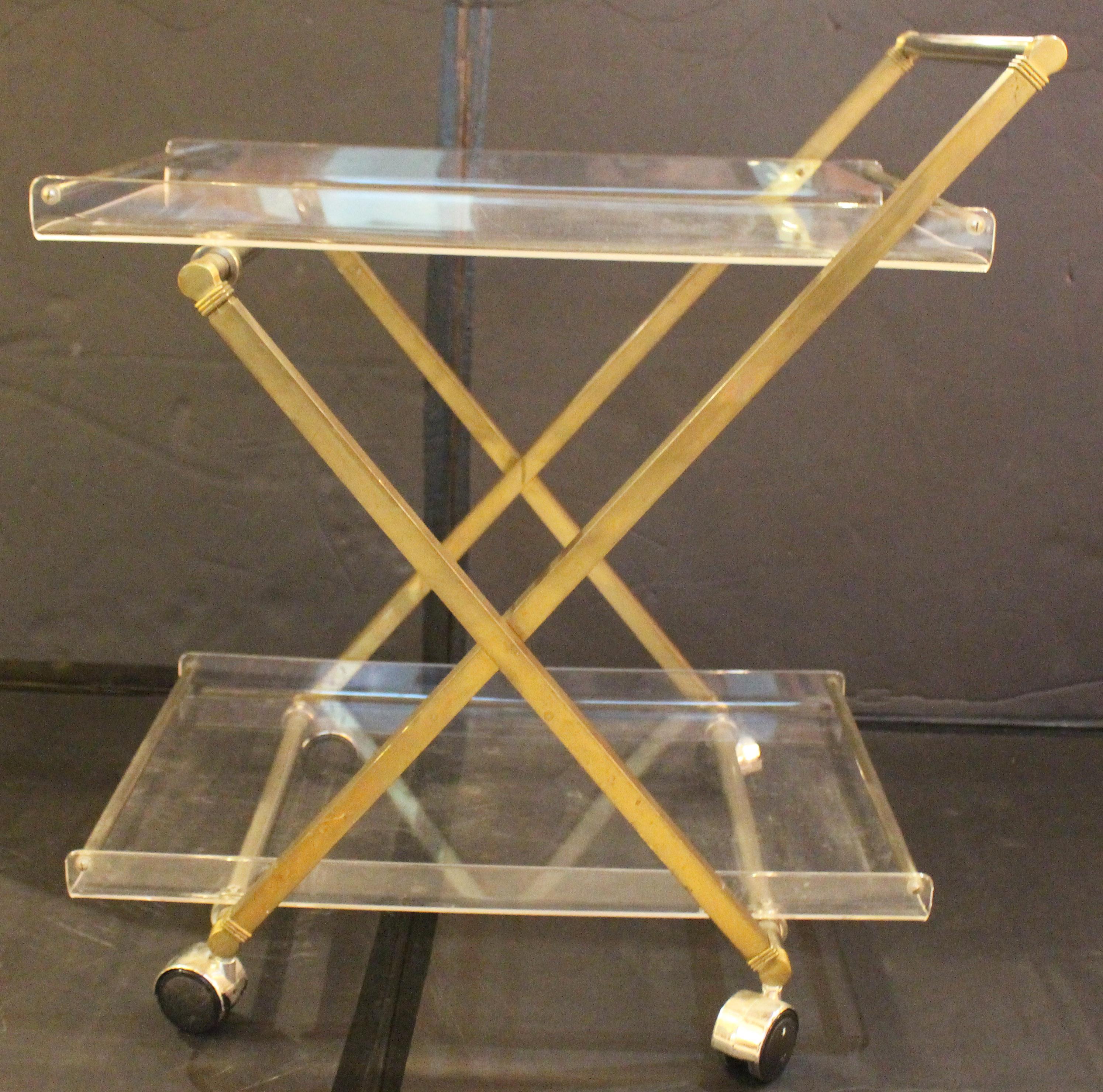 Mid-Century Modern Circa 1960s English Lucite, Chrome, and Brass Rolling Bar Cart For Sale