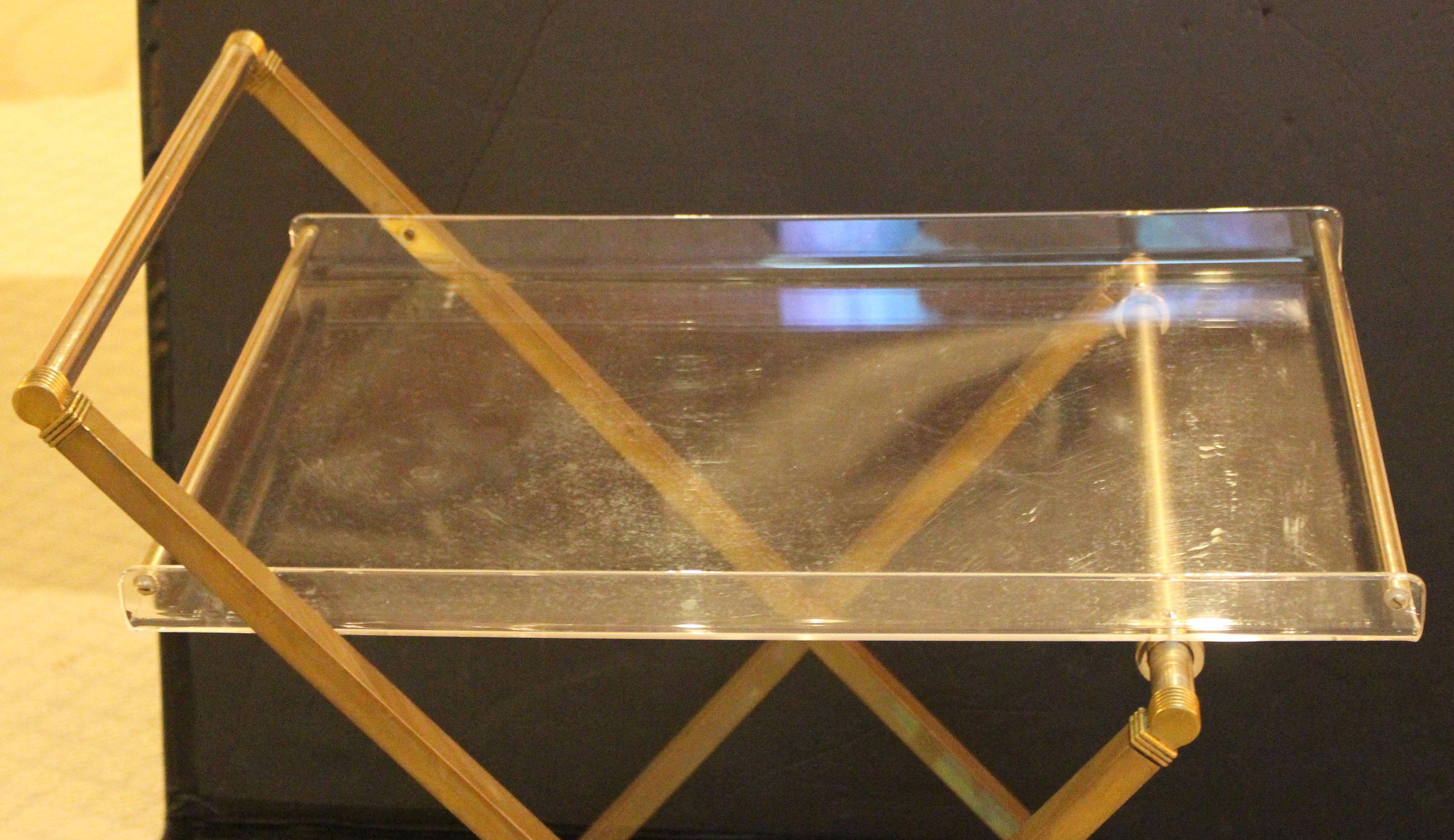 Mid-20th Century Circa 1960s English Lucite, Chrome, and Brass Rolling Bar Cart For Sale