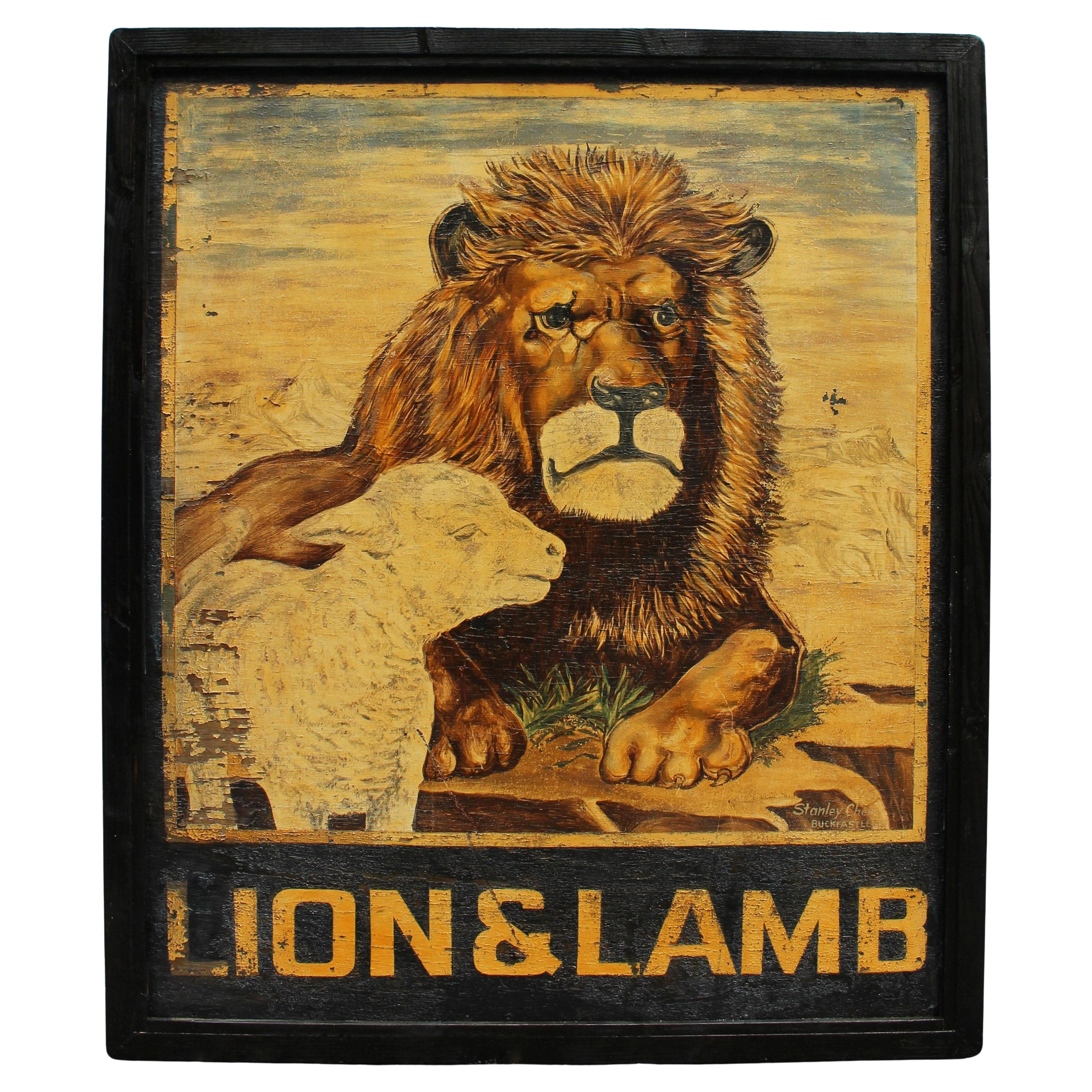 Circa 1960s English Pub Sign for the "Lion 
Lamb" Painted by Stanley Chew