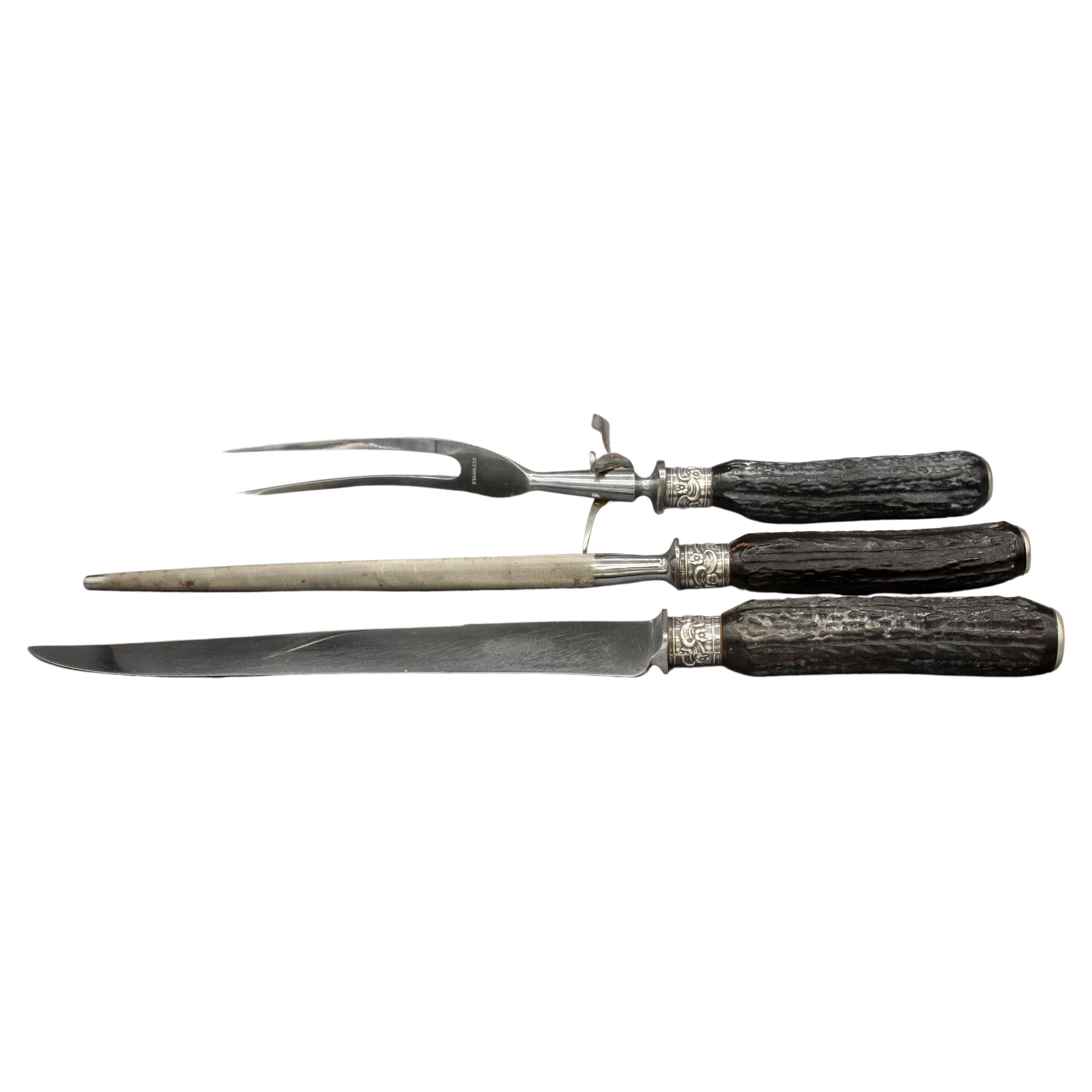 Circa 1960s Faux Antler and Sterling Carving Set For Sale