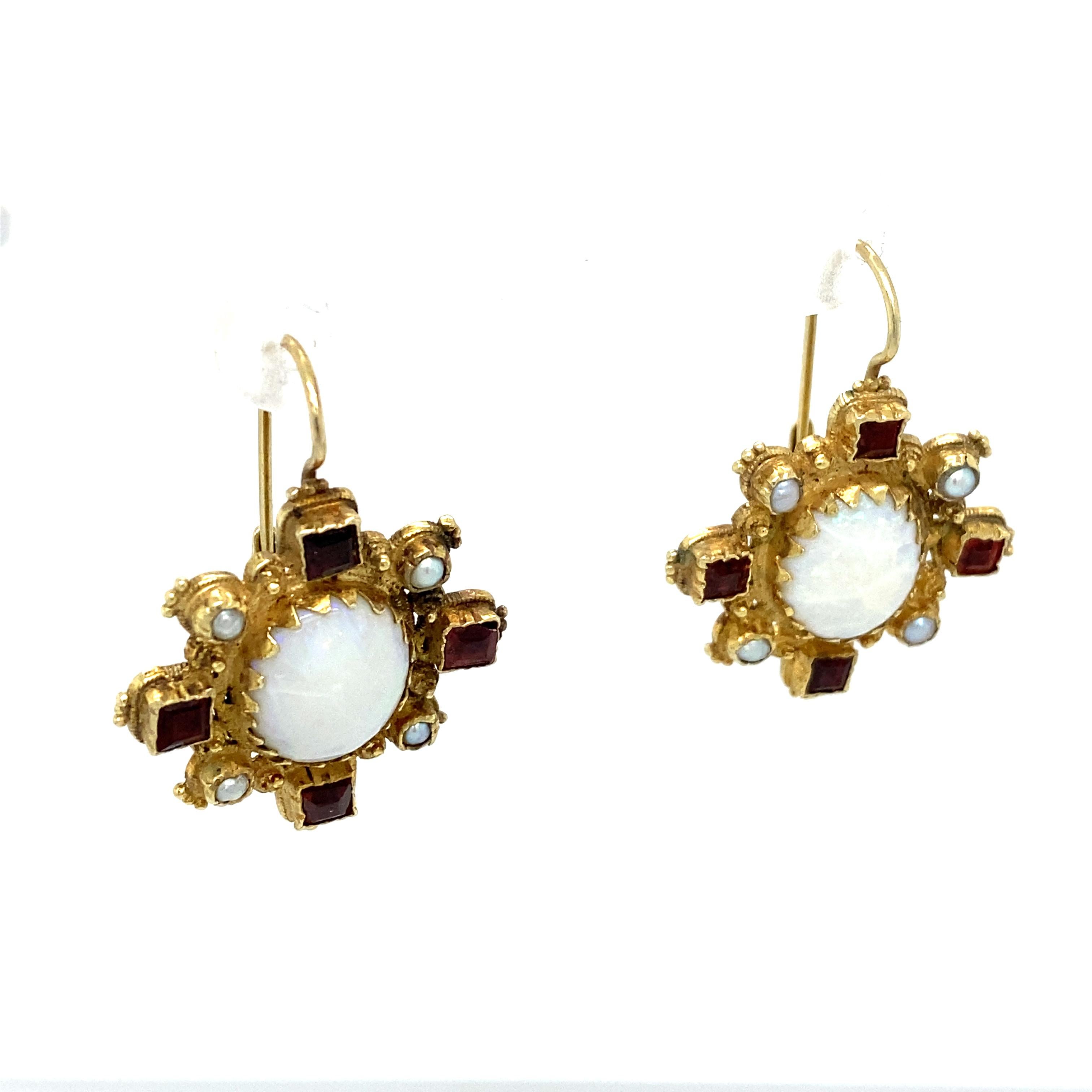 Retro Circa 1960s Garnet, Opal and Pearl Dangle Earrings in 14 Karat Gold For Sale