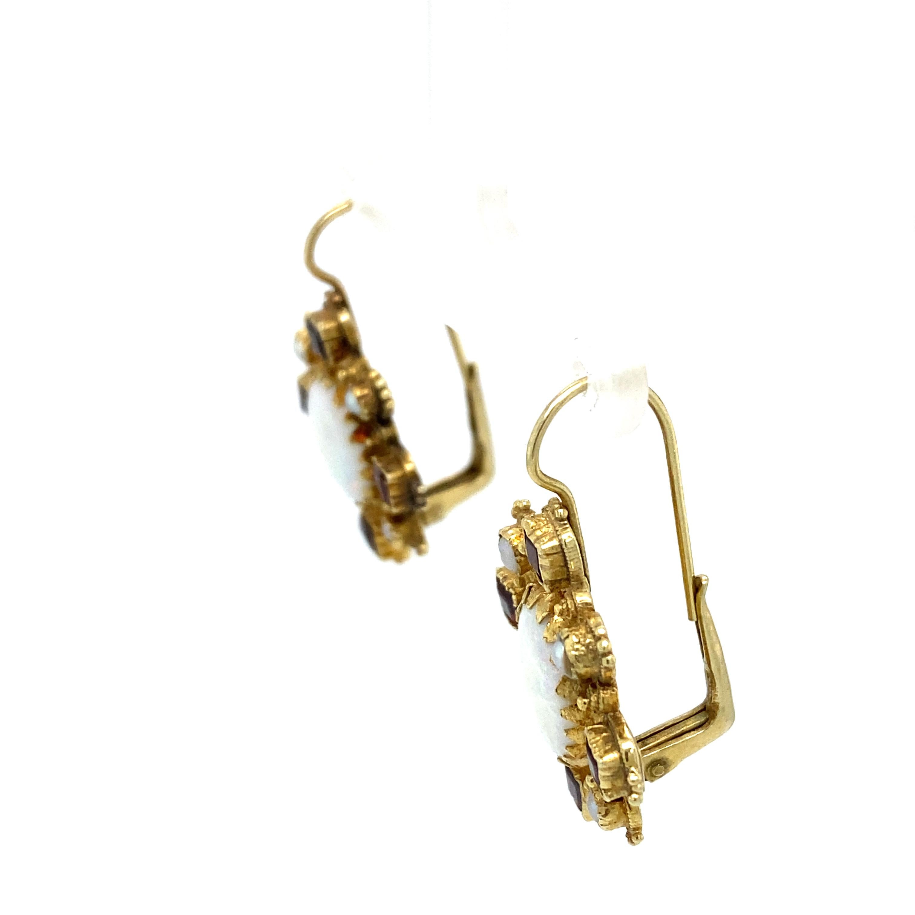 Women's or Men's Circa 1960s Garnet, Opal and Pearl Dangle Earrings in 14 Karat Gold For Sale