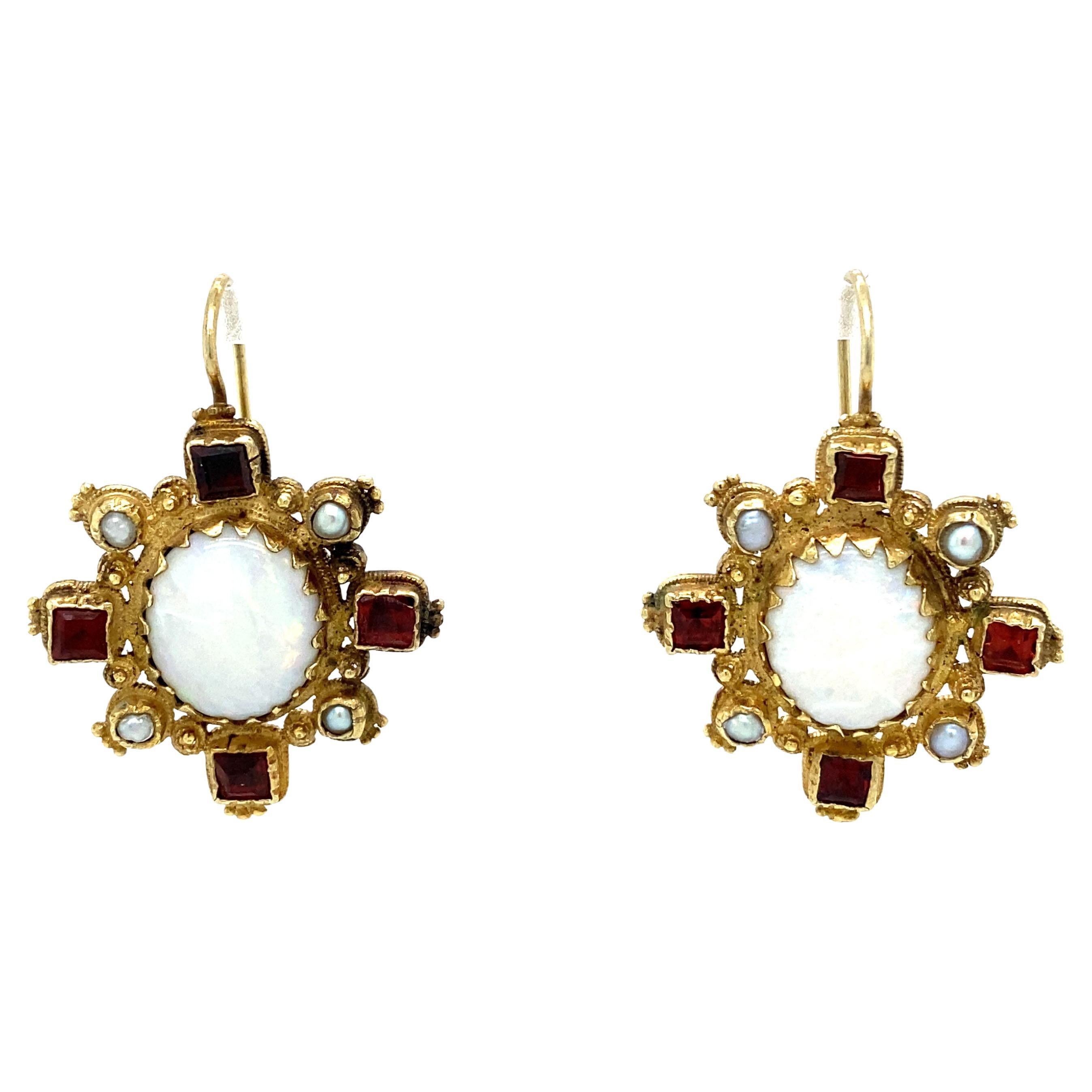 Circa 1960s Garnet, Opal and Pearl Dangle Earrings in 14 Karat Gold For Sale