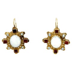 Circa 1960s Garnet, Opal and Pearl Dangle Earrings in 14 Karat Gold