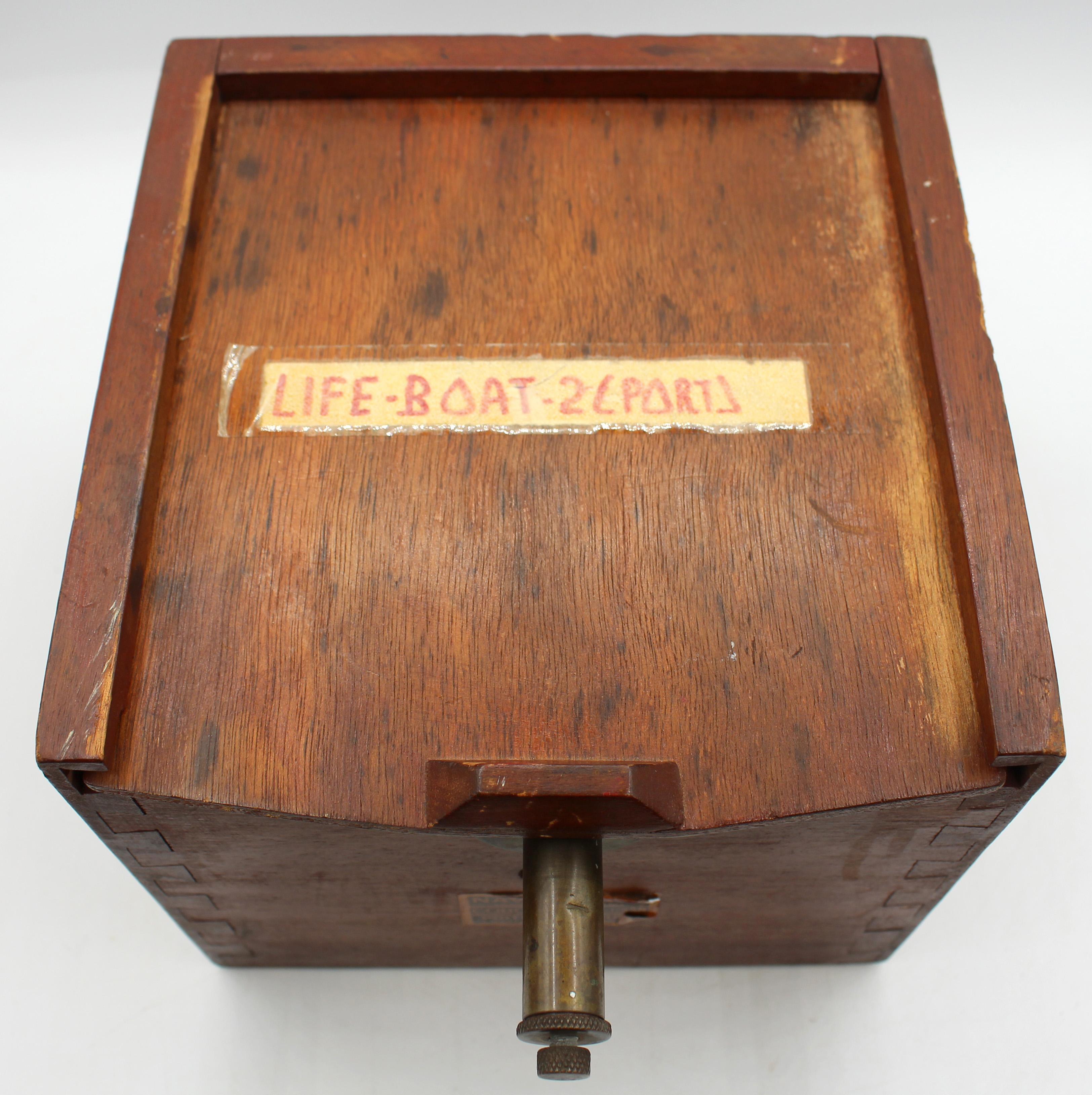 Circa 1960s Navis-Plath binnacle in case for a life boat, Germany & France. Brass & iron in dovetailed case. Crafted in Germany and assembled by Poitevin-Duault in Bordeaux, France. Label intact: Navis Plath France Deutschland COBO 100 homologation
