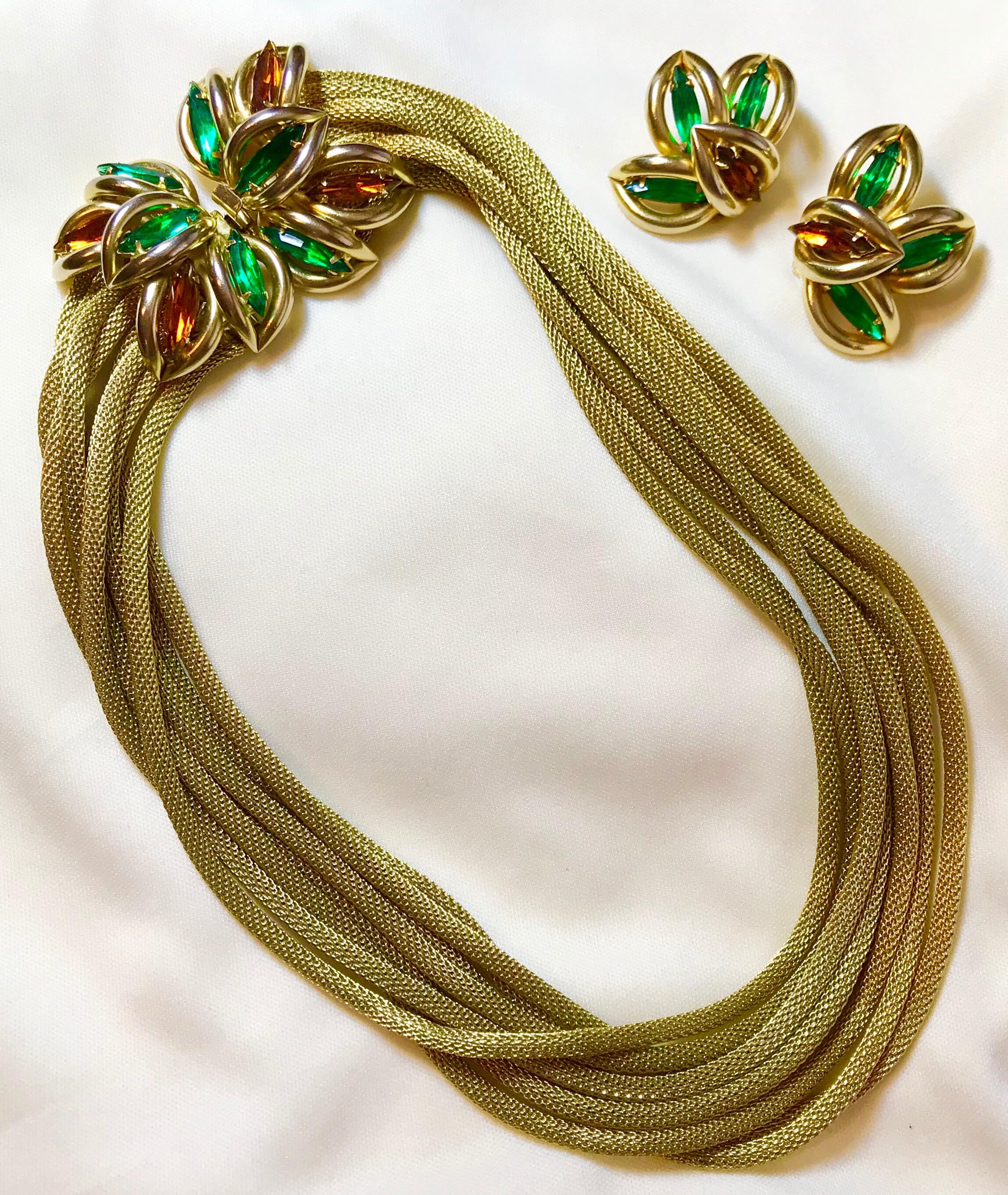 Circa 1960s Green and Topaz-Yellow Marquis Torsade Necklace And Earring Set In Good Condition For Sale In Long Beach, CA